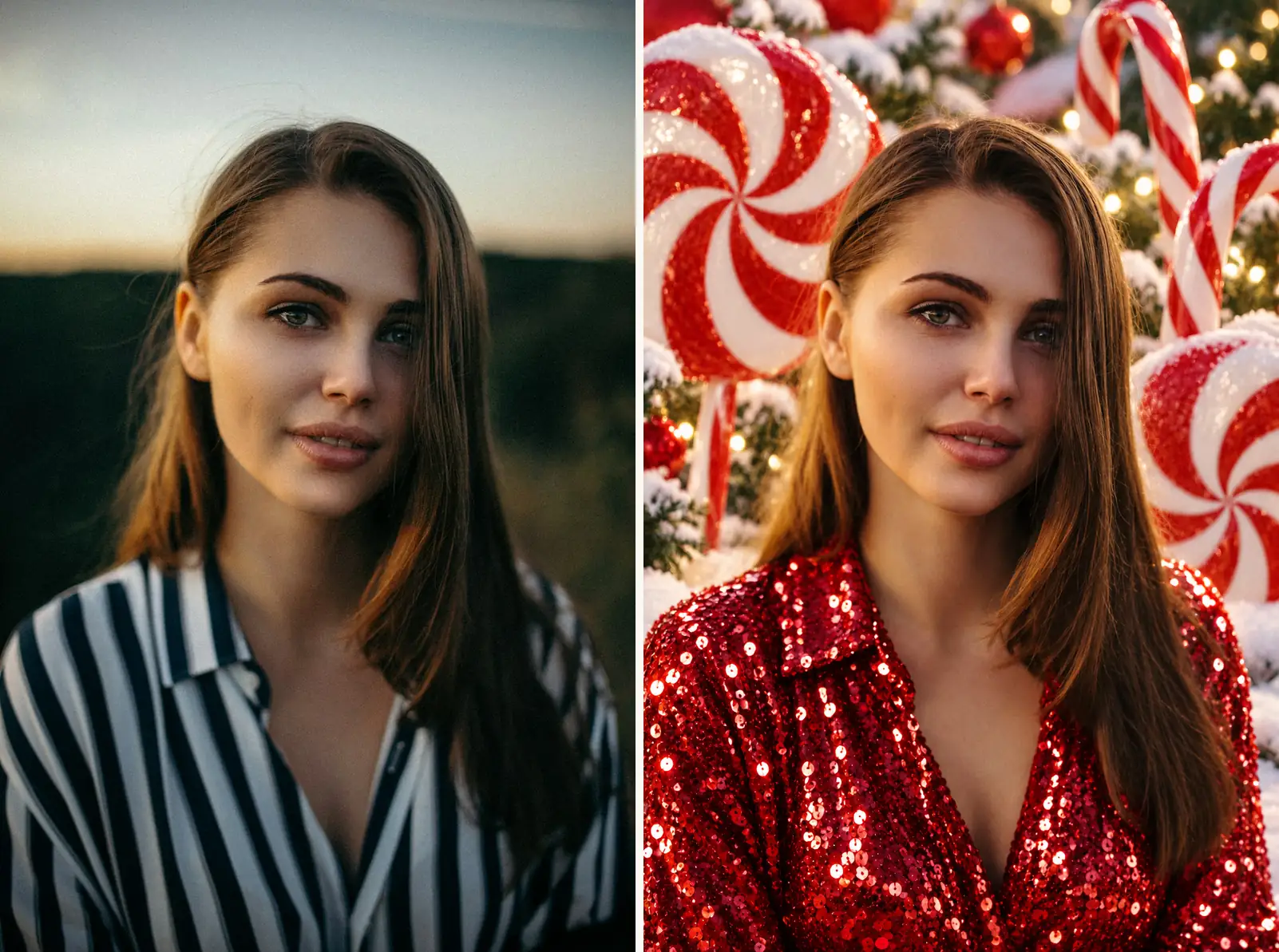 Before and after of the candy-cane christmas ai photo prompt: a woman's striped-top portrait transformed into a red sequin outfit among giant peppermint props