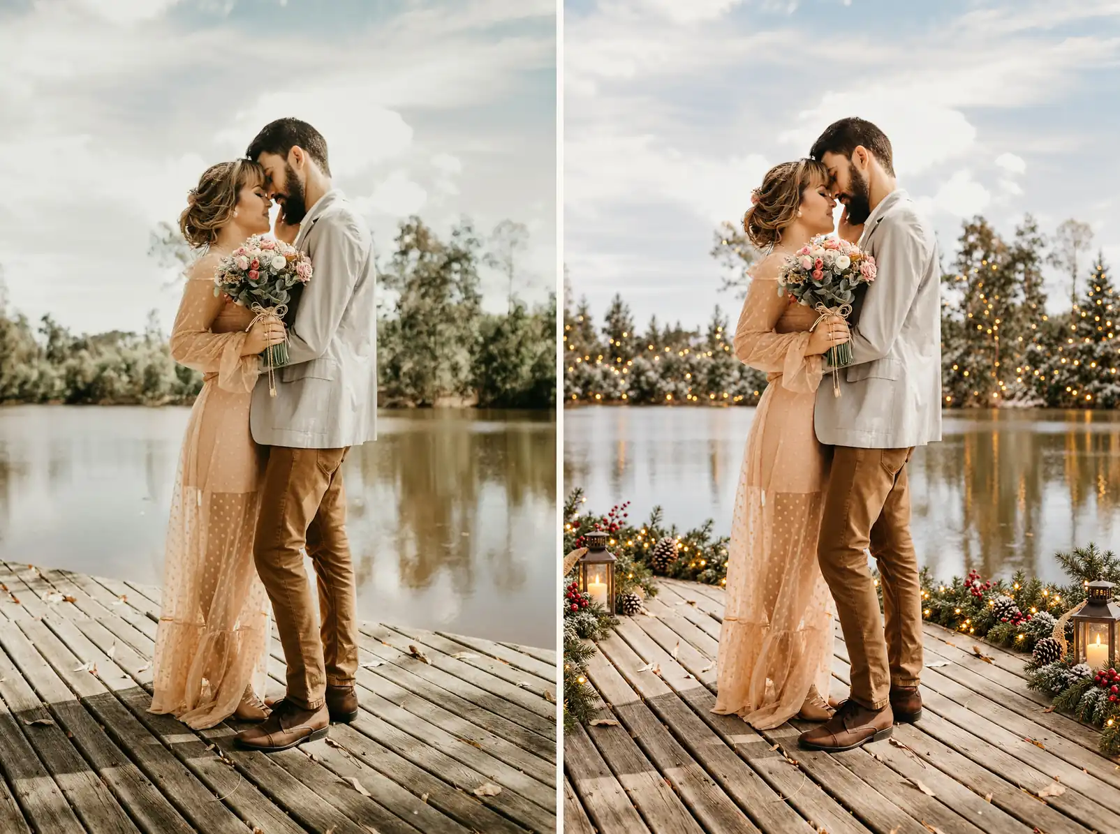 Before and after of the christmas card ai photo prompt: a dock couple portrait restyled into a festive lakeside scene with calm space at the top