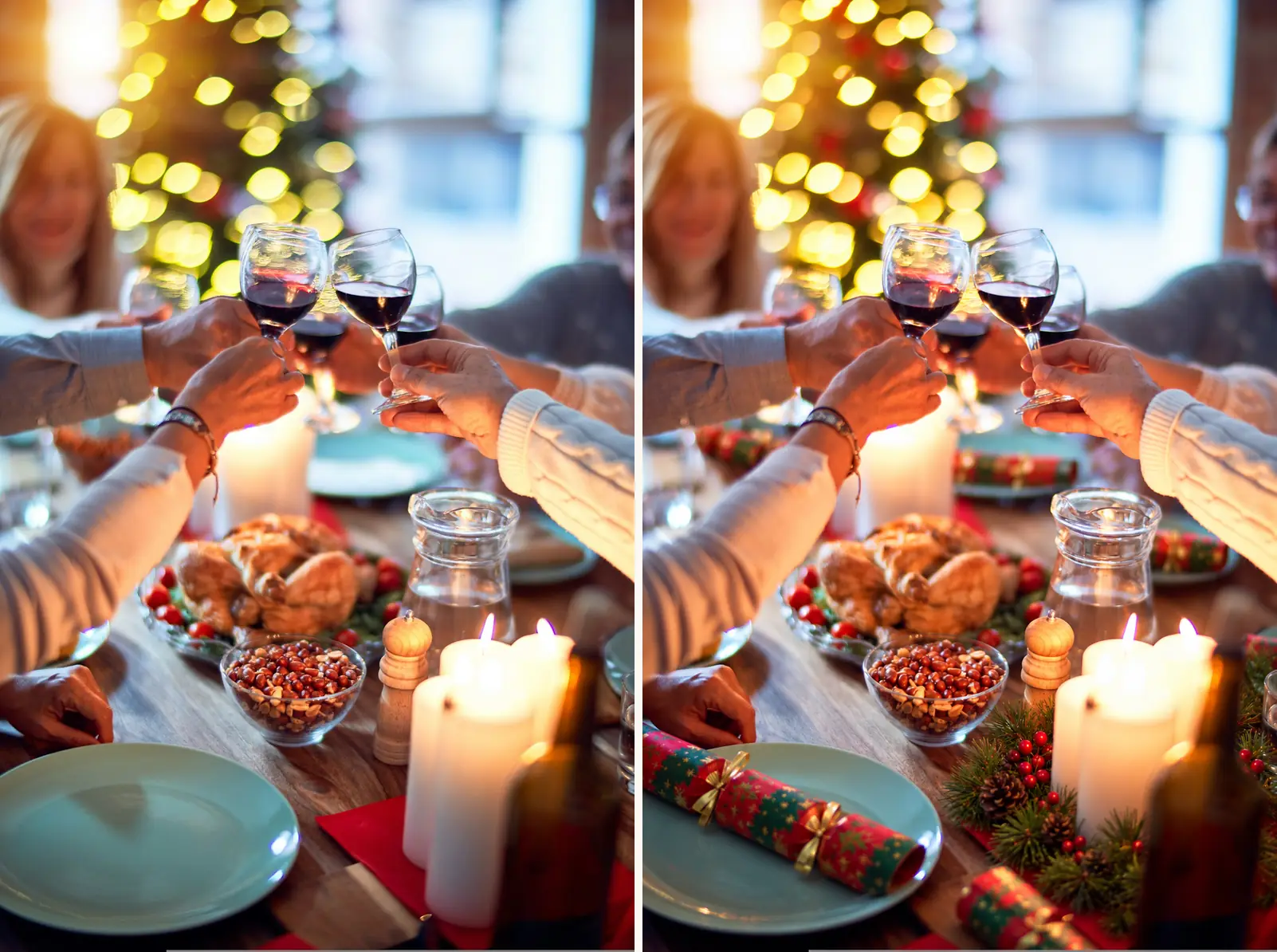 Before and after of the christmas dinner ai photo prompt: a toast over a festive table dressed with crackers, a candle centerpiece, and brighter tree lights