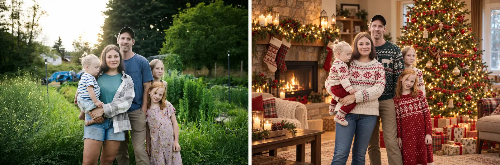Before and after of the family christmas ai photo prompt: a garden family photo of five transformed into a festive living room with a lit tree and presents