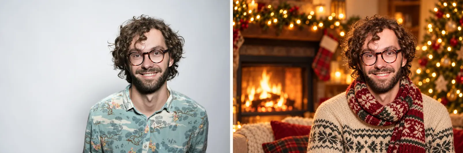 Before and after of the fireside christmas ai photo prompt: a man's plain portrait transformed into a scarf-and-fireplace scene with fairy-light bokeh