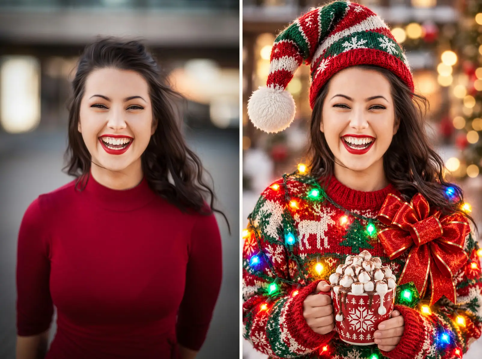 Before and after of the funny christmas ai photo prompt: a woman in a red top transformed into a light-up sweater, gnome hat, and overloaded cocoa mug