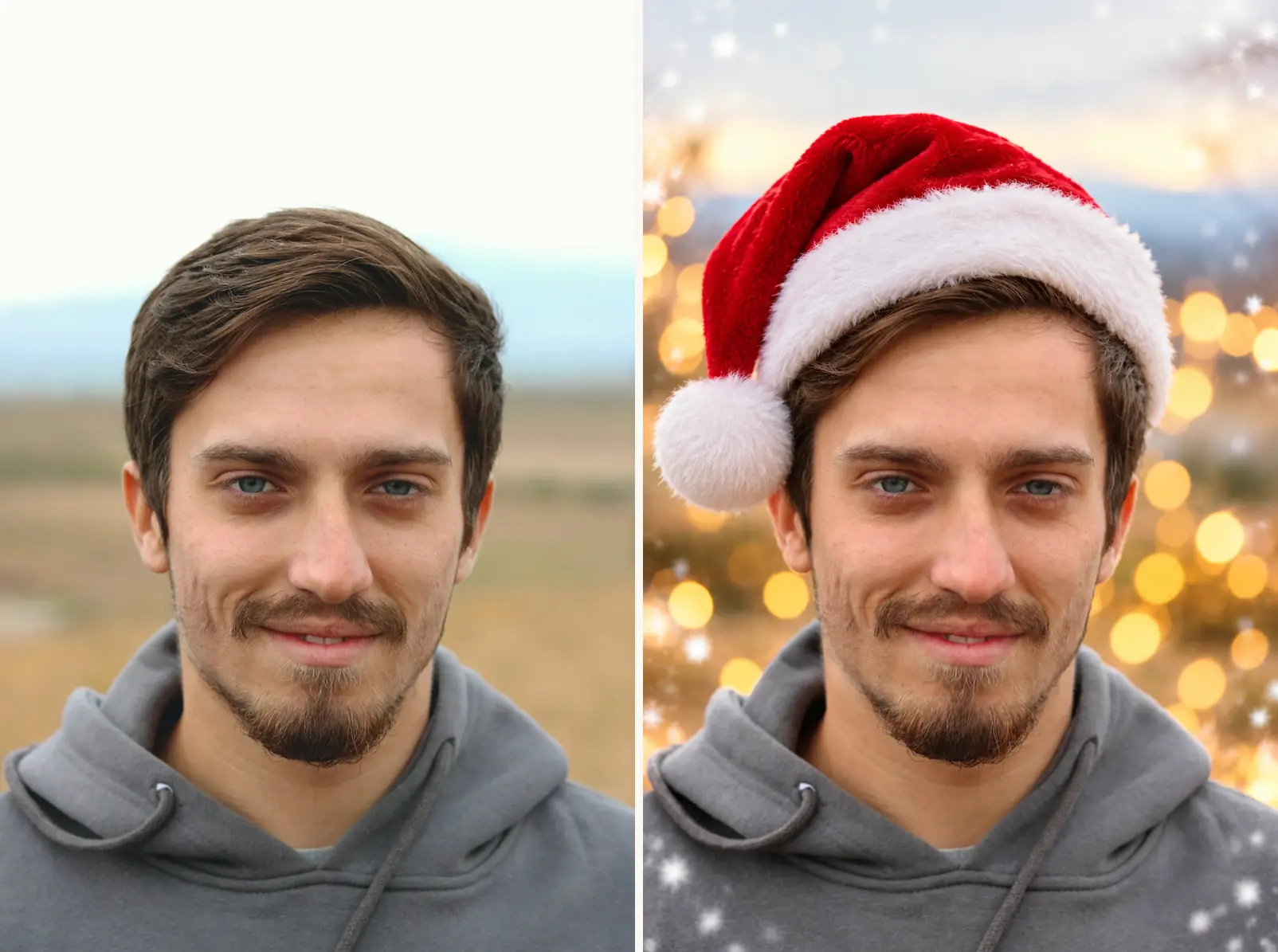 Before and after of the santa hat ai photo prompt: a young man's plain portrait updated with a santa hat and warm light bokeh