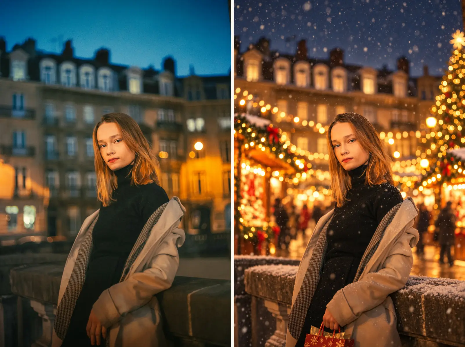 Before and after of the evening walk christmas ai photo prompt: a night city portrait transformed into a market street with warm bokeh and a gift bag
