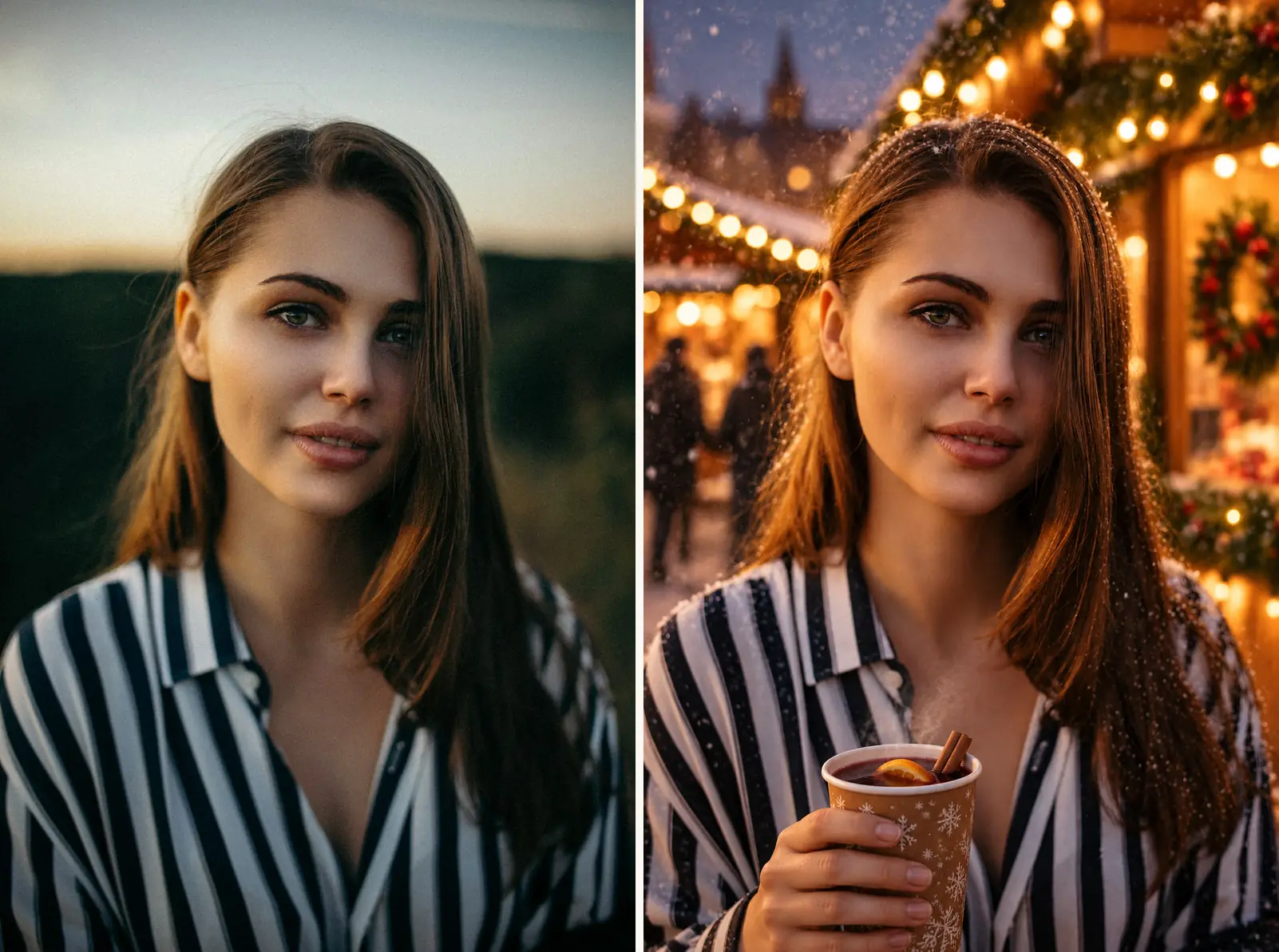 Before and after of the christmas market ai photo prompt: a plain portrait transformed into a string-lit market stall scene with mulled cider and snowflakes