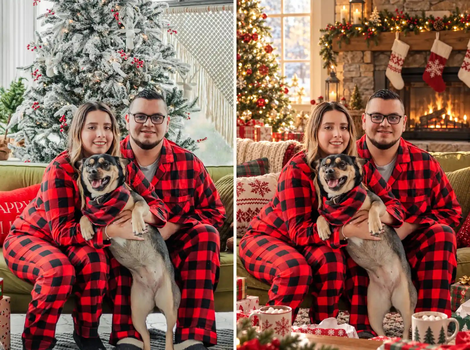 Before and after of the christmas morning ai photo prompt: a couple with their dog in pajamas transformed into a fireplace scene with stockings and opened presents
