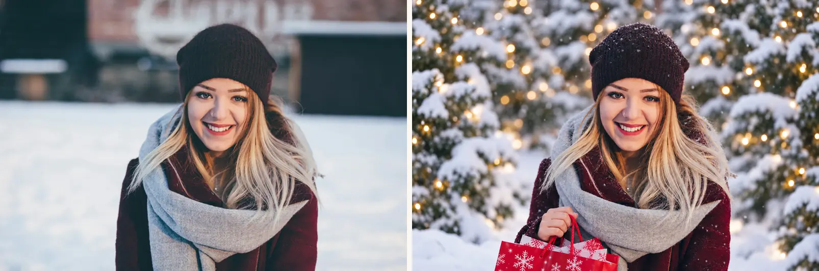 Before and after of the snowfall christmas ai photo prompt: a woman in snow transformed into an evergreen scene with warm tree lights and a red gift bag