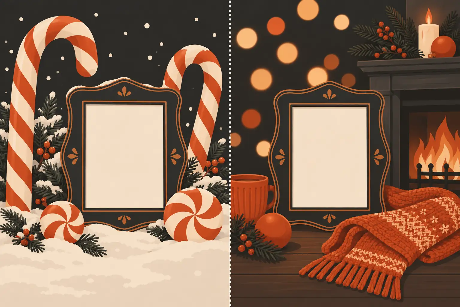 Two decoded viral holiday prompts drawn side by side: a candy-cane scene and a fireside portrait, each with its key phrases labeled