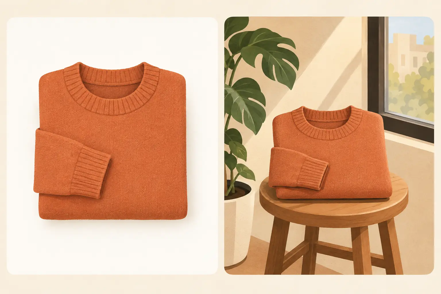 Two panels with the same folded sweater: one centered on a plain white surface, one styled on a stool beside a plant