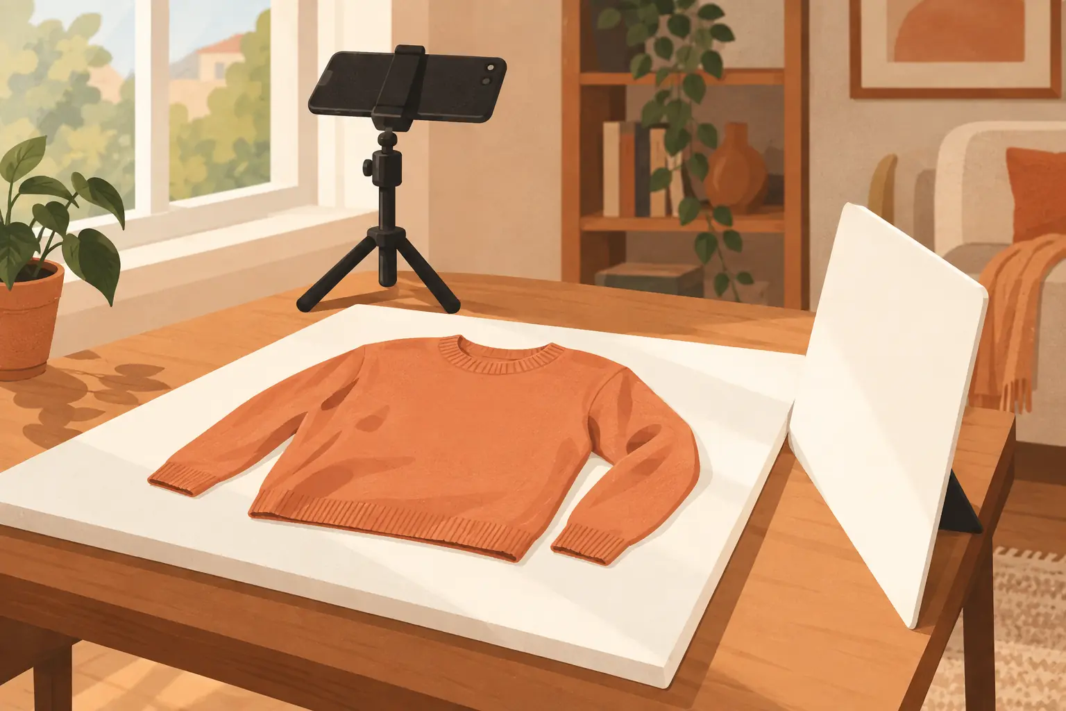 A garment on white foam board by a window, with a phone on a mini tripod above it and a white card bouncing light back