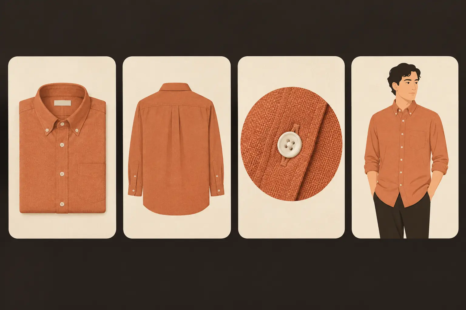 Four cards showing one shirt from the front, from the back, a close-up of its fabric and button, and a figure wearing it