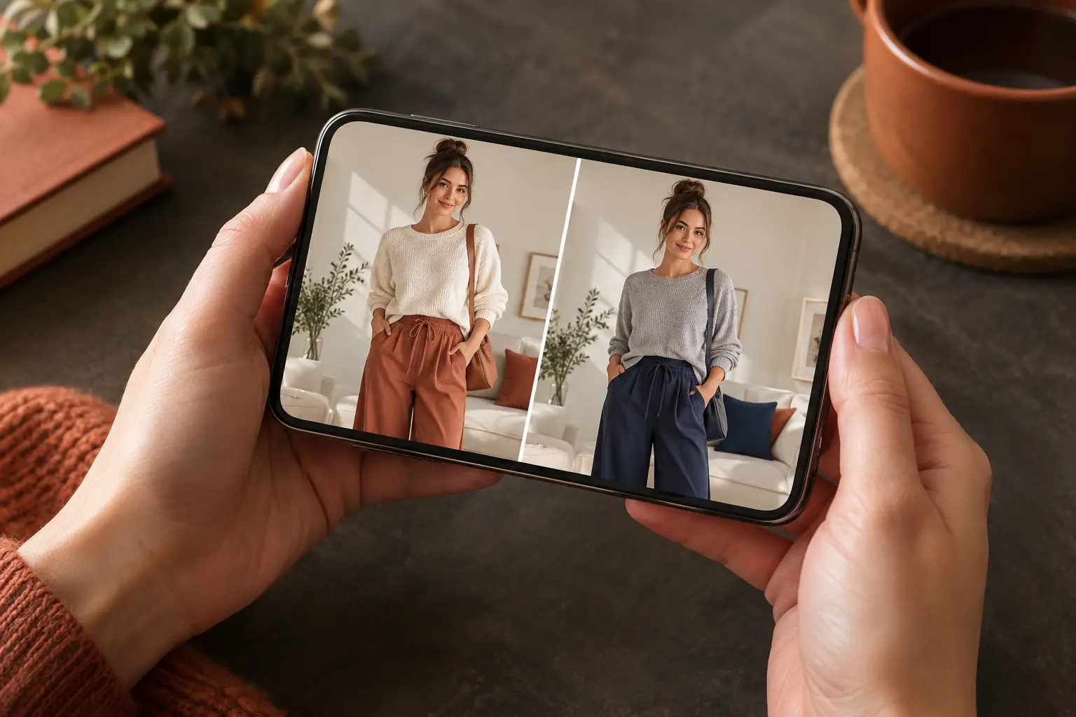 A phone held in two hands comparing the same woman in two coordinated outfits side by side