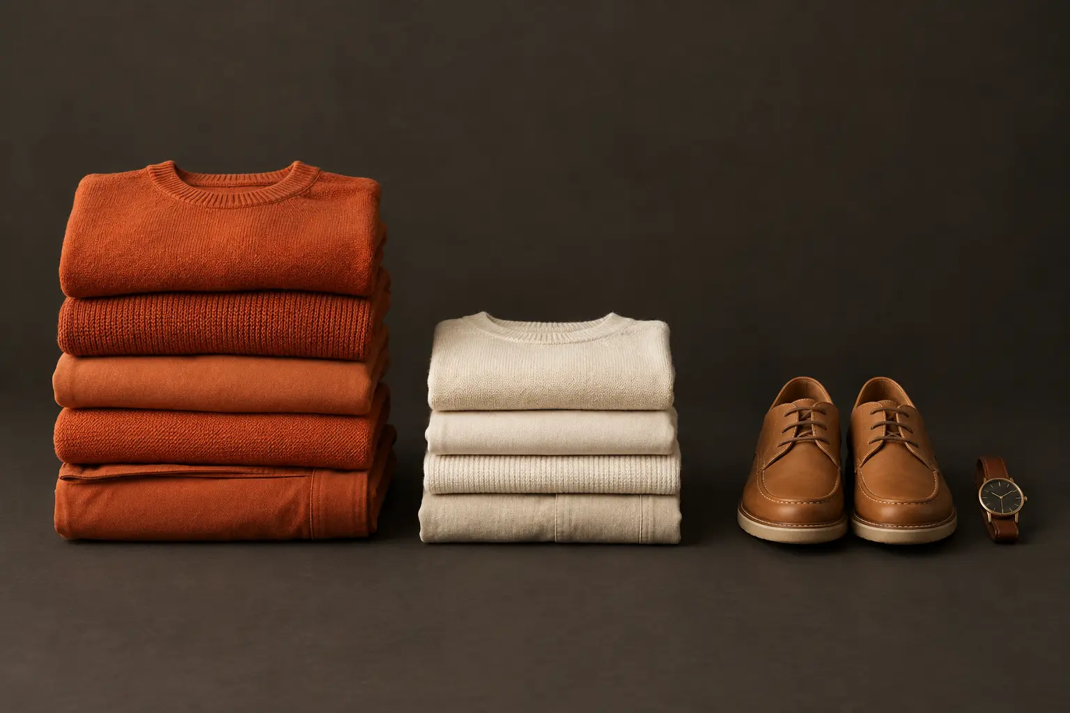 Three stacks of folded clothes: a large terracotta pile, a smaller cream pile, and a small pile of tan shoes and a watch
