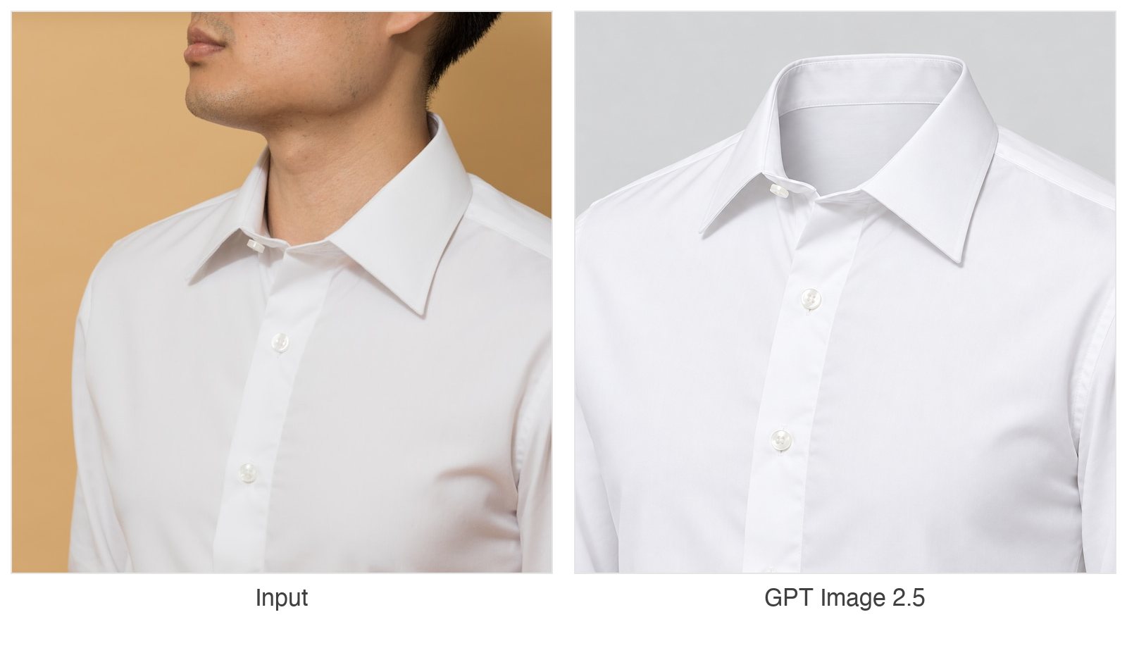 A white shirt on a model turned into an invisible ghost mannequin product shot on a gray backdrop