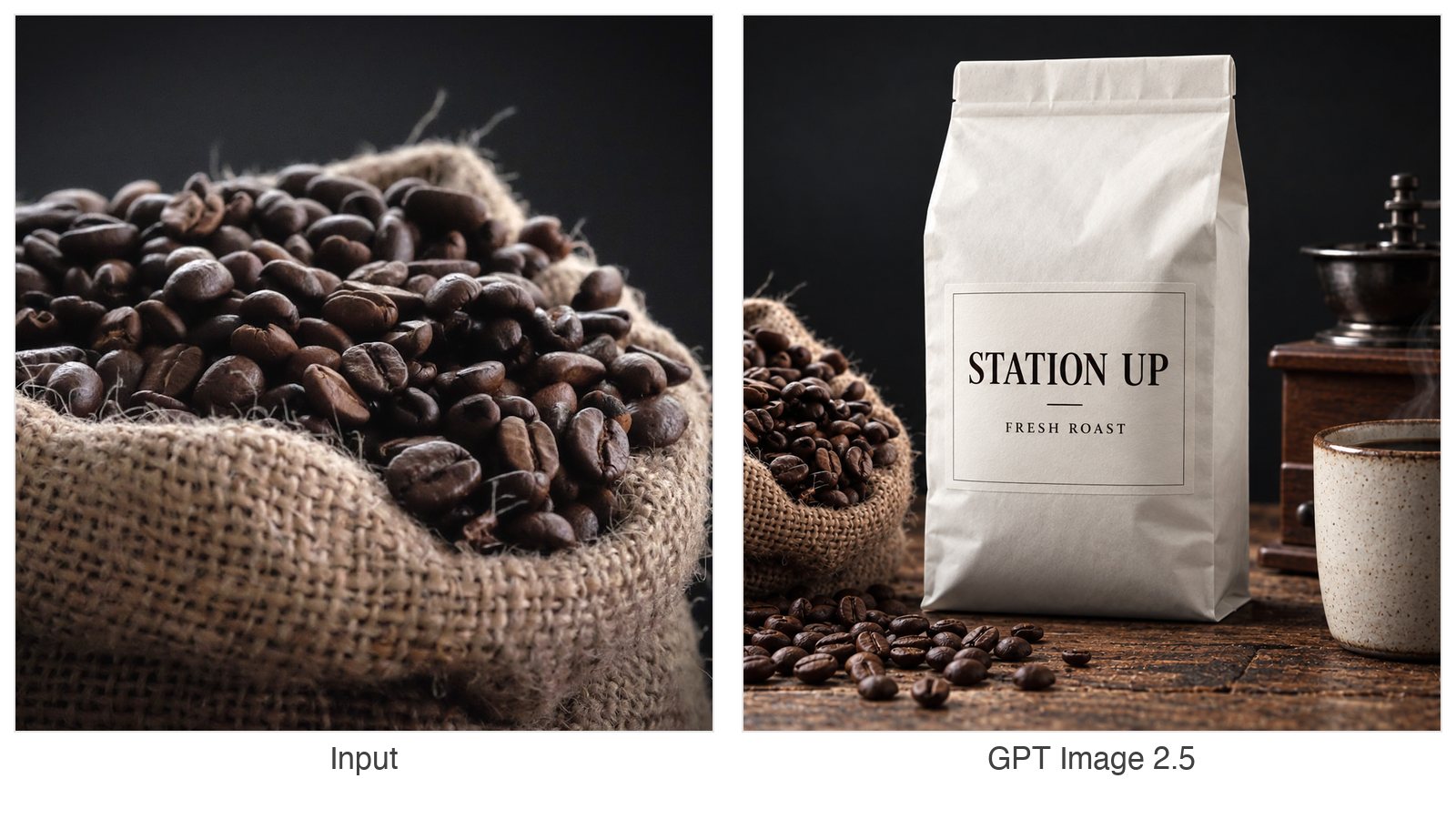 Coffee bag label before and after: the text replaced with clean STATION UP serif type