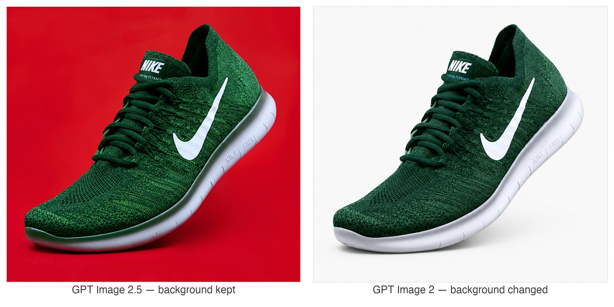 Same recolor prompt on a sneaker photo: GPT Image 2.5 keeps the red background while GPT Image 2 recolors it to white