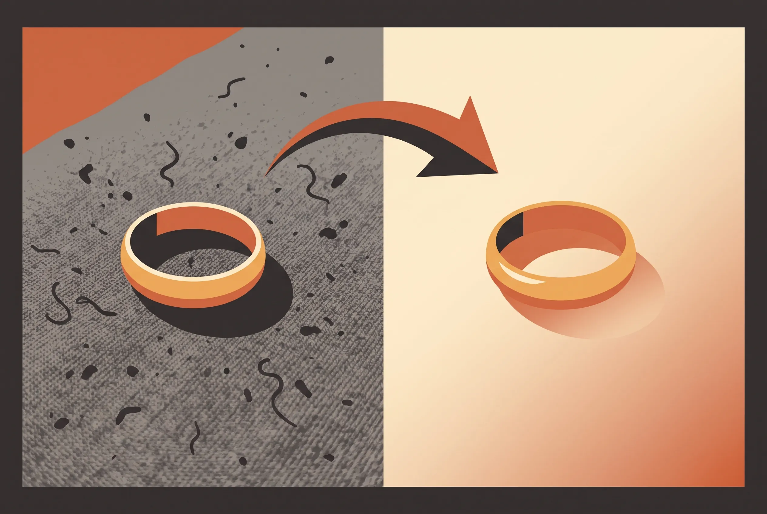 A raw snapshot of a gold ring on lint-covered gray fabric with a harsh shadow, an arrow, and the finished frame on a clean warm gradient