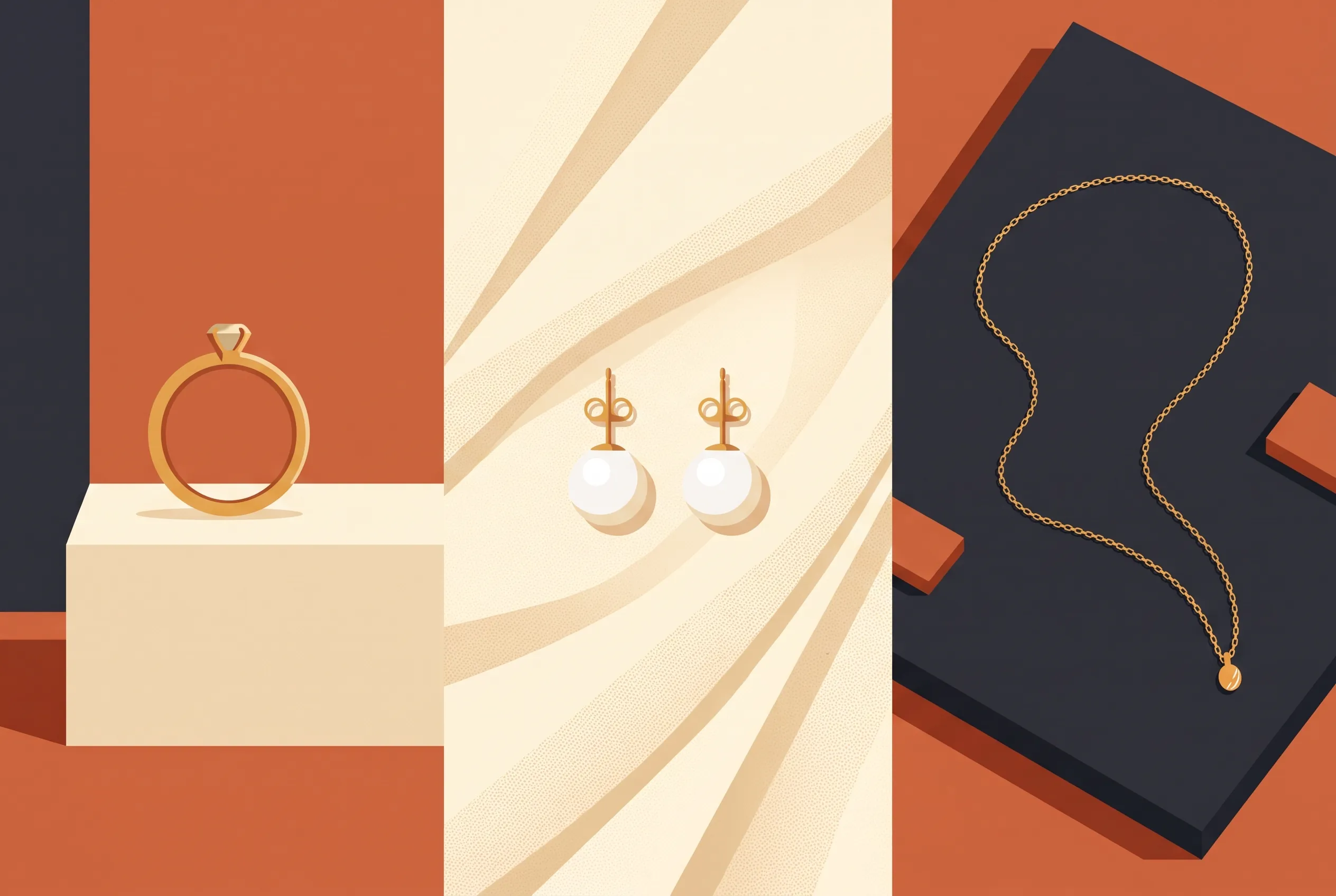 Three panels: a gold ring standing on a small stand, pearl earrings laid symmetrically on cream fabric, and a gold necklace curved on dark slate