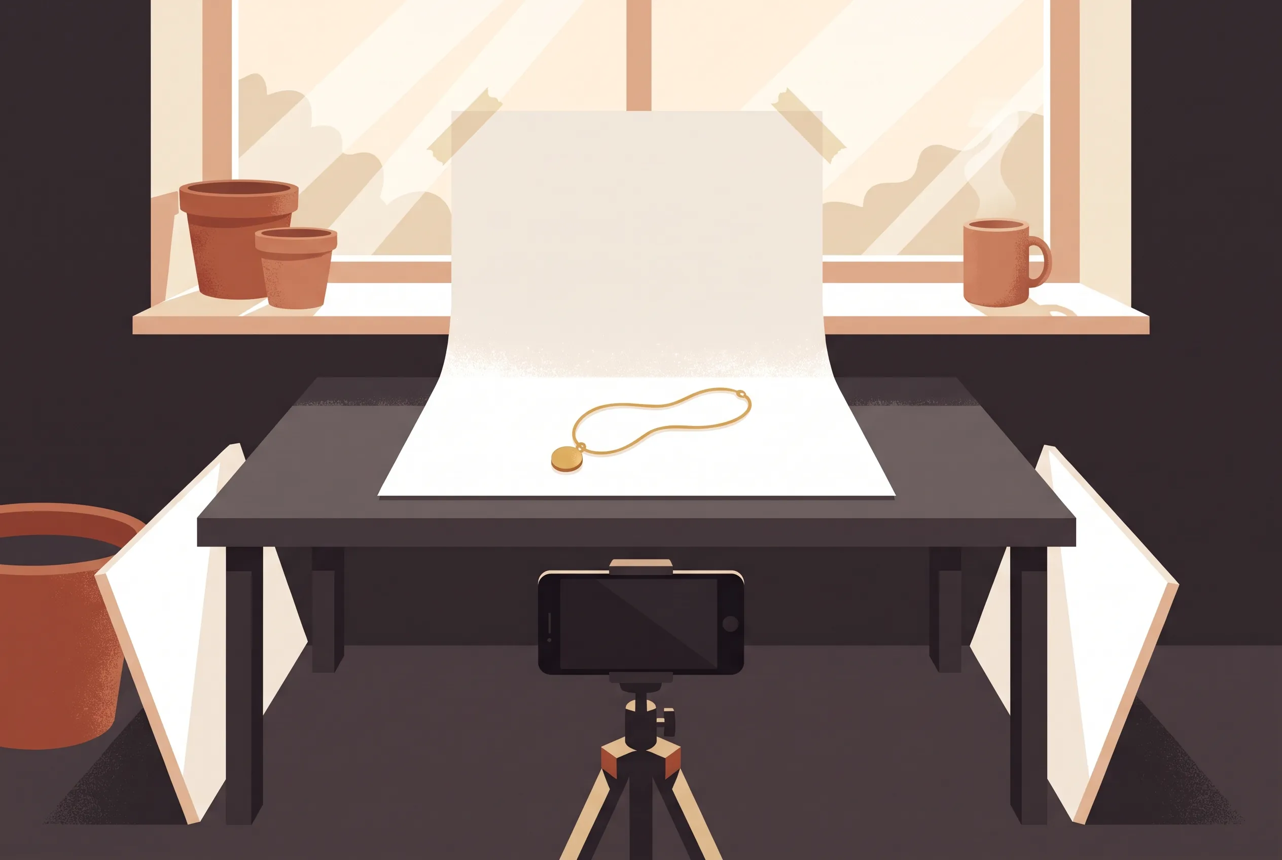 A windowsill jewelry studio: paper sweep, gold pendant on display, phone on a tripod, and white reflector cards