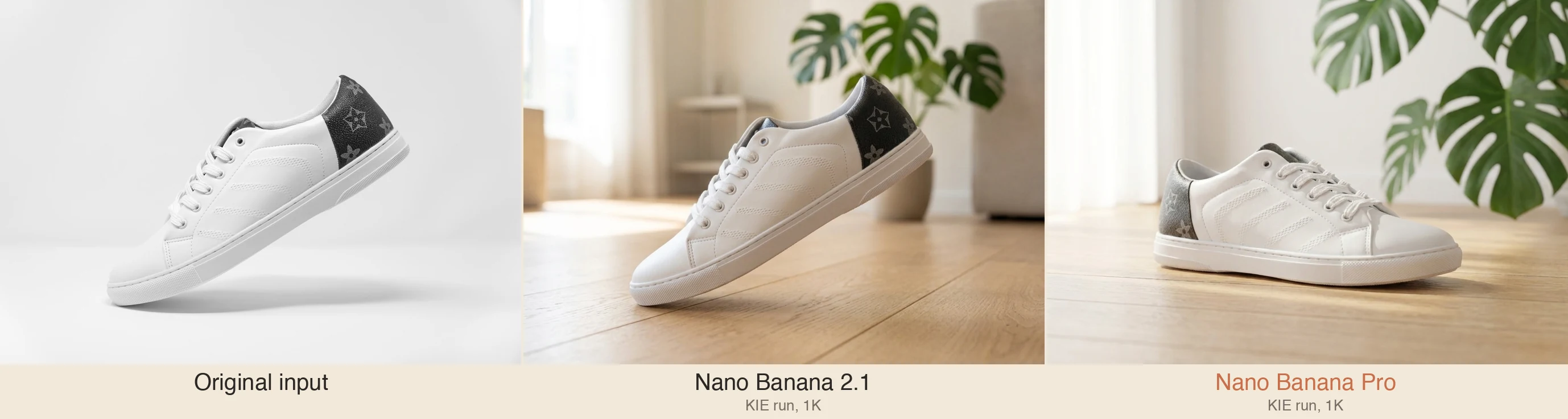 Nano Banana 2.1 vs Nano Banana Pro on a sneaker background swap: original input, 2.1 result, and Pro result side by side