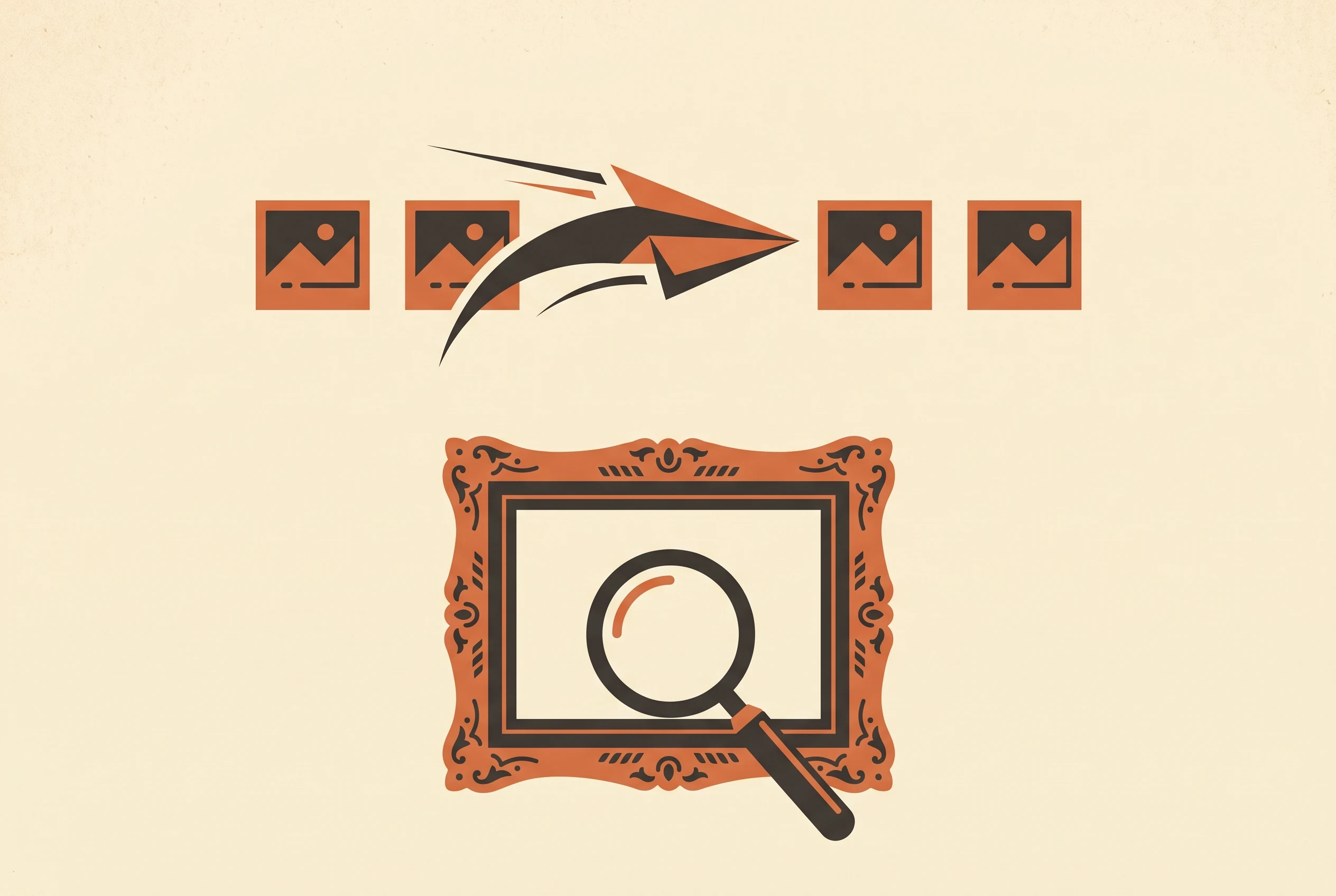 Two lanes illustrating the choice in Nano Banana 2.1 vs Nano Banana Pro: a swift arrow through many thumbnails for everyday edits, an ornate frame under a magnifying glass for final assets