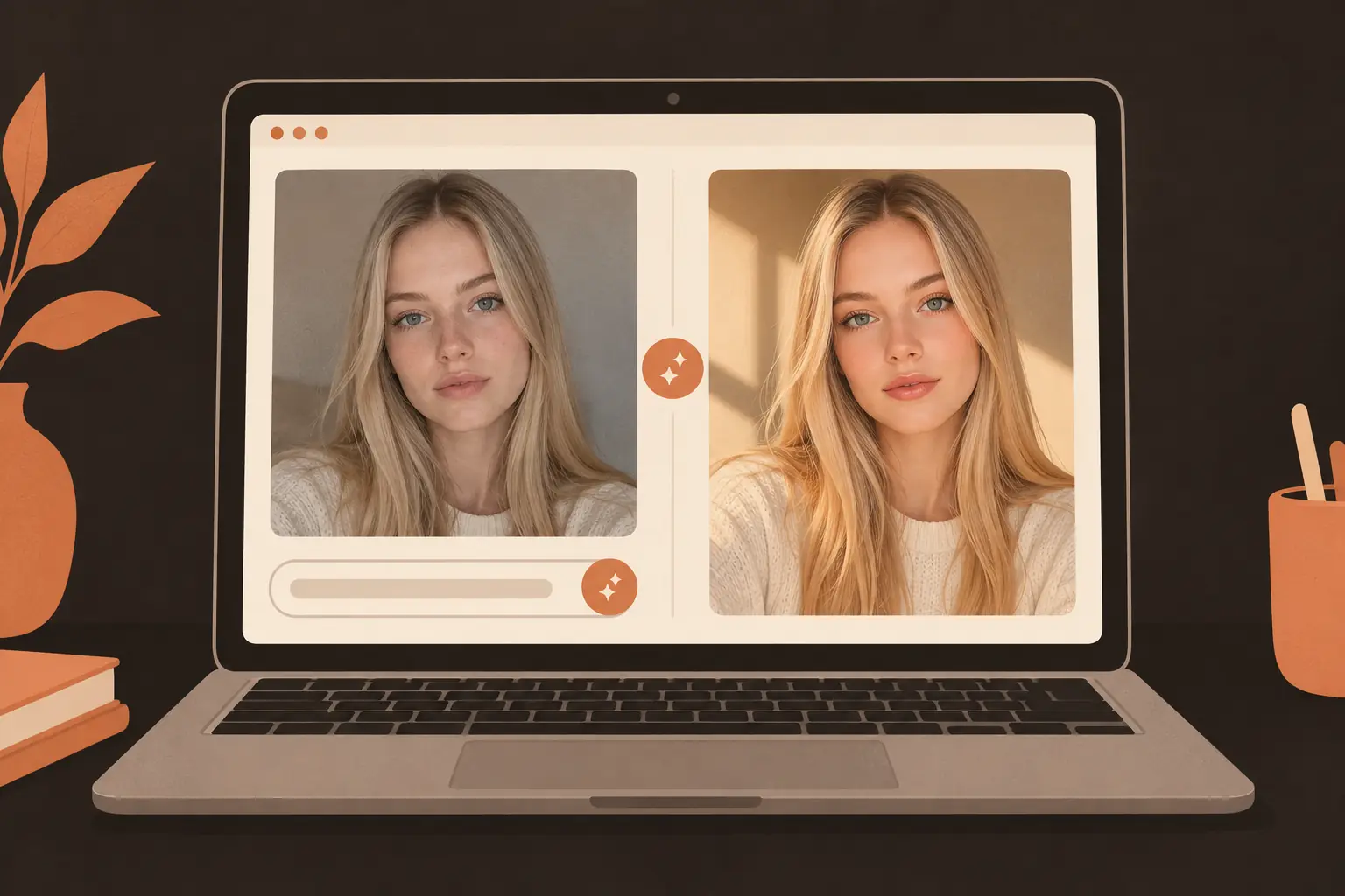 A laptop editing interface with a portrait, a prompt bar, and the adjusted result in browser chrome