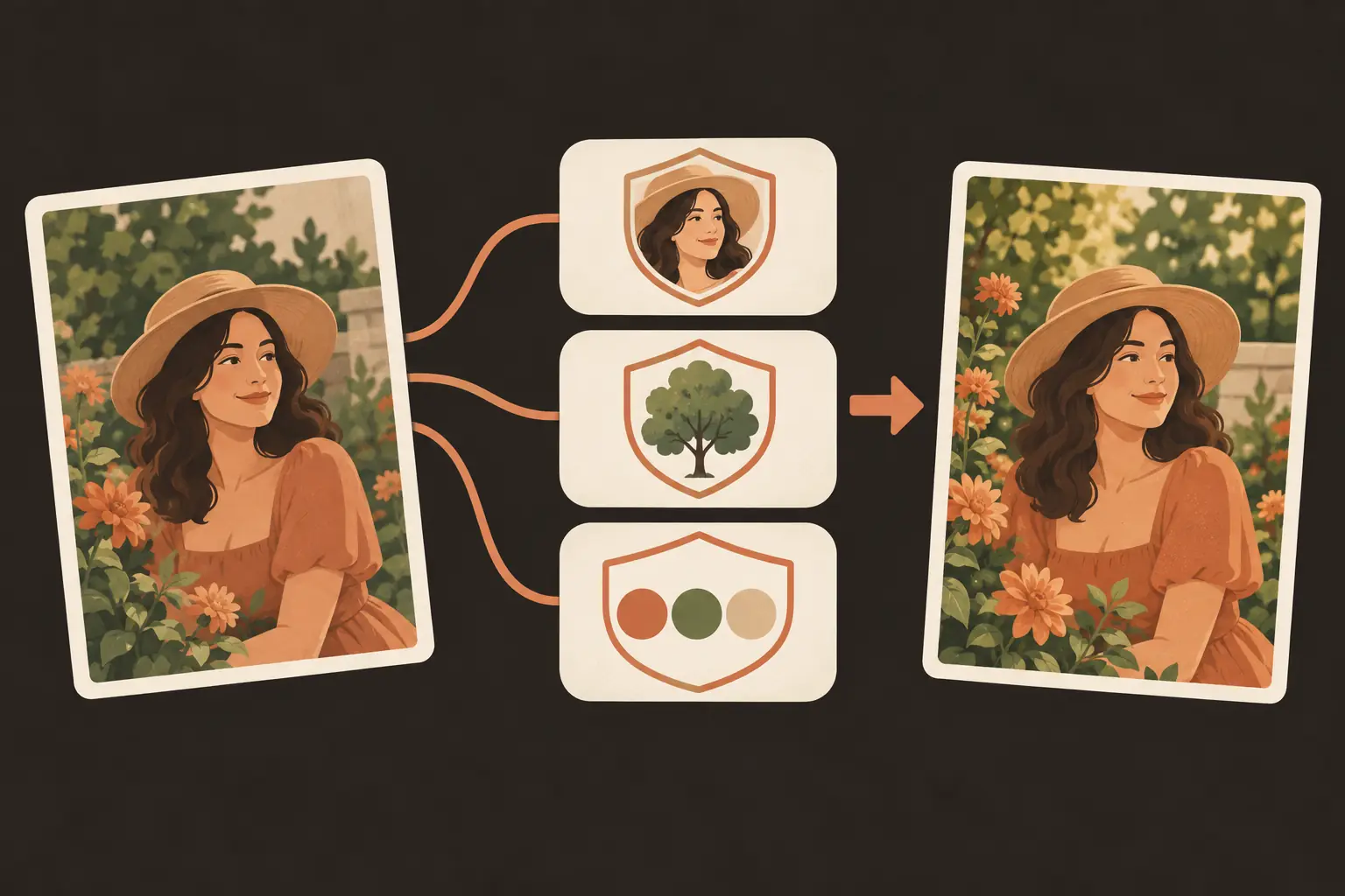 A photo card with three shield-marked instruction strips for subject, background, and palette, flowing to the edited result