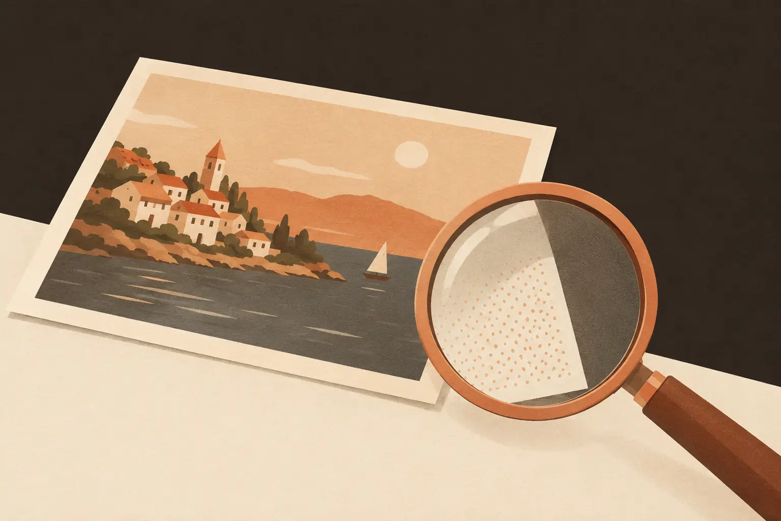 A magnifying glass over a printed photo's corner revealing a faint pattern of dots, reading as a hidden watermark