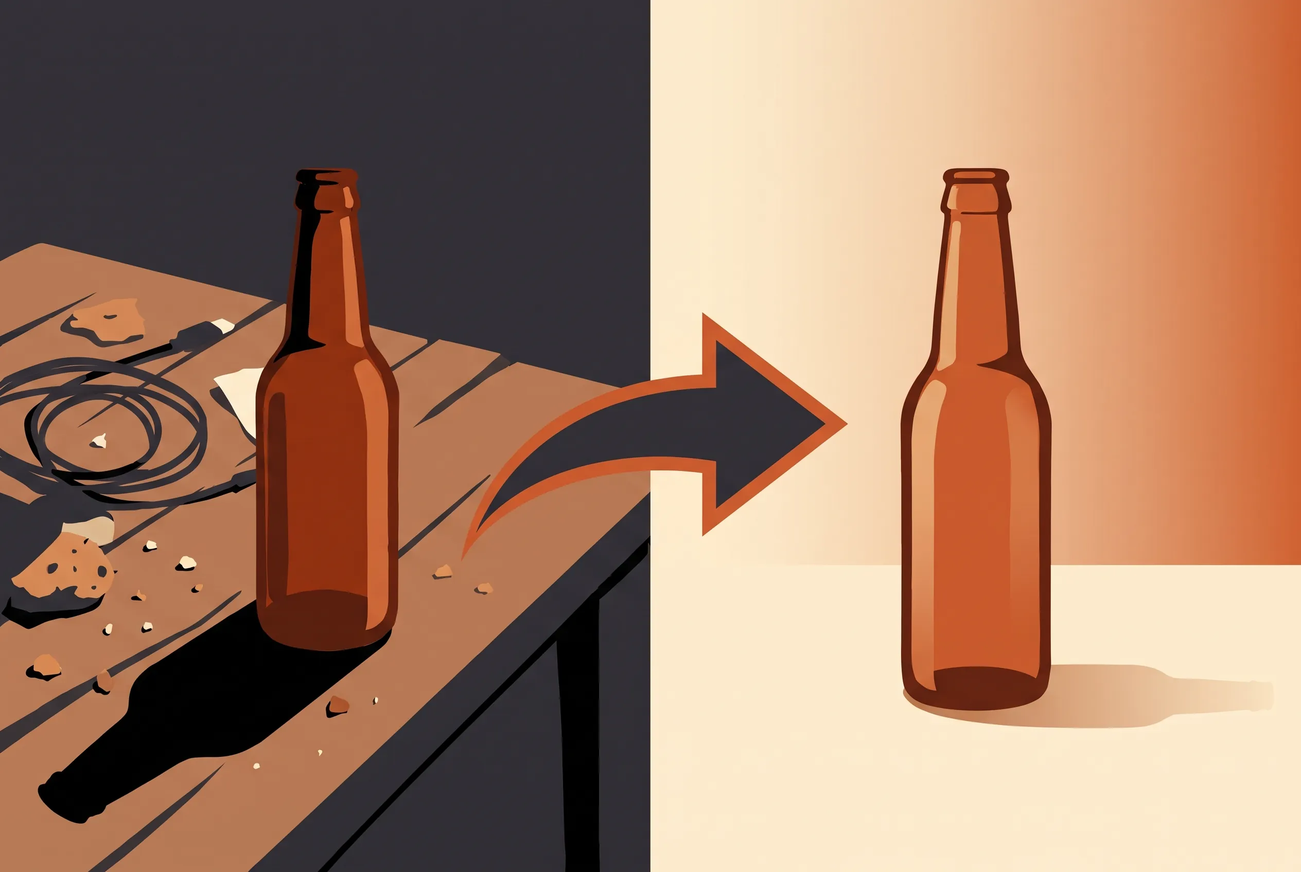 A raw phone shot of a bottle on a cluttered table, an arrow, and the finished frame with a clean gradient background and soft shadow