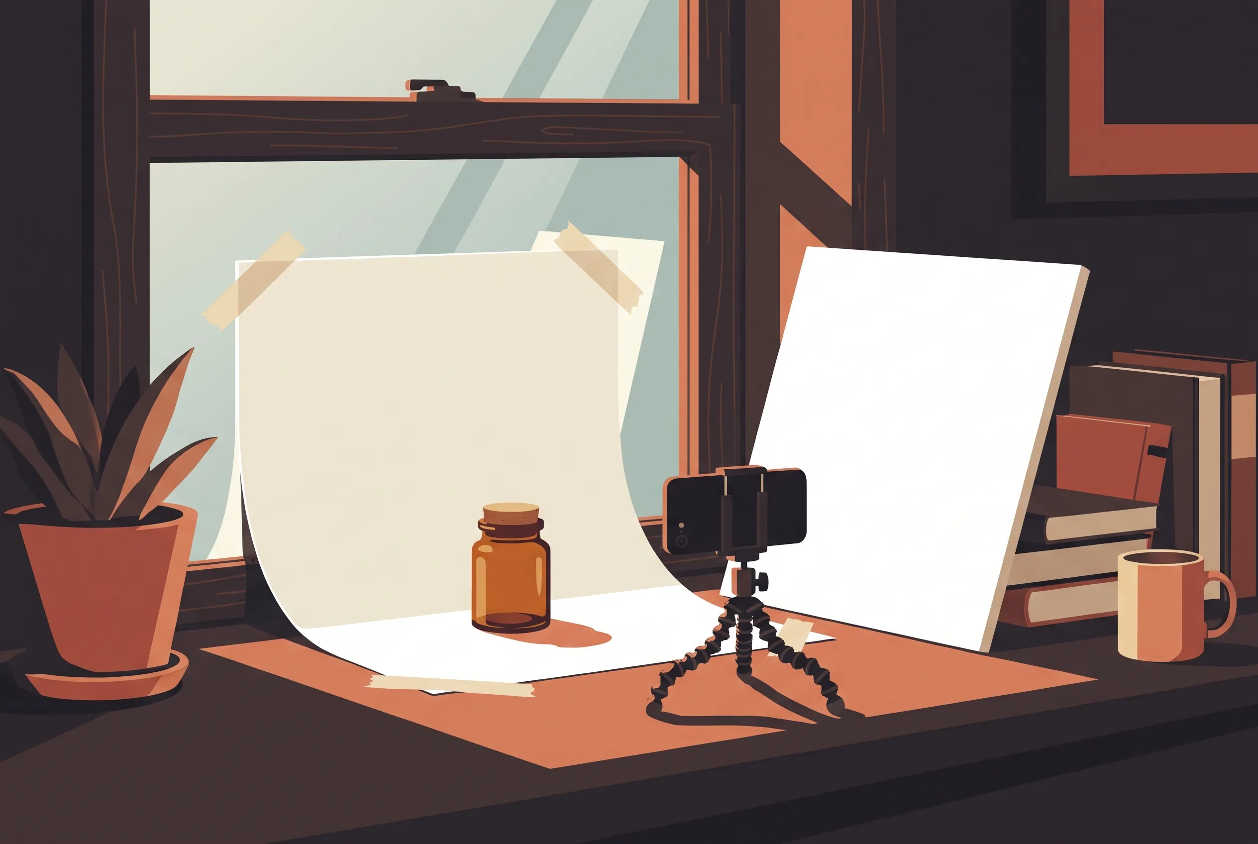 A windowsill turned into a tiny product studio: paper sweep, amber jar, phone on a mini tripod, and a foam board reflector