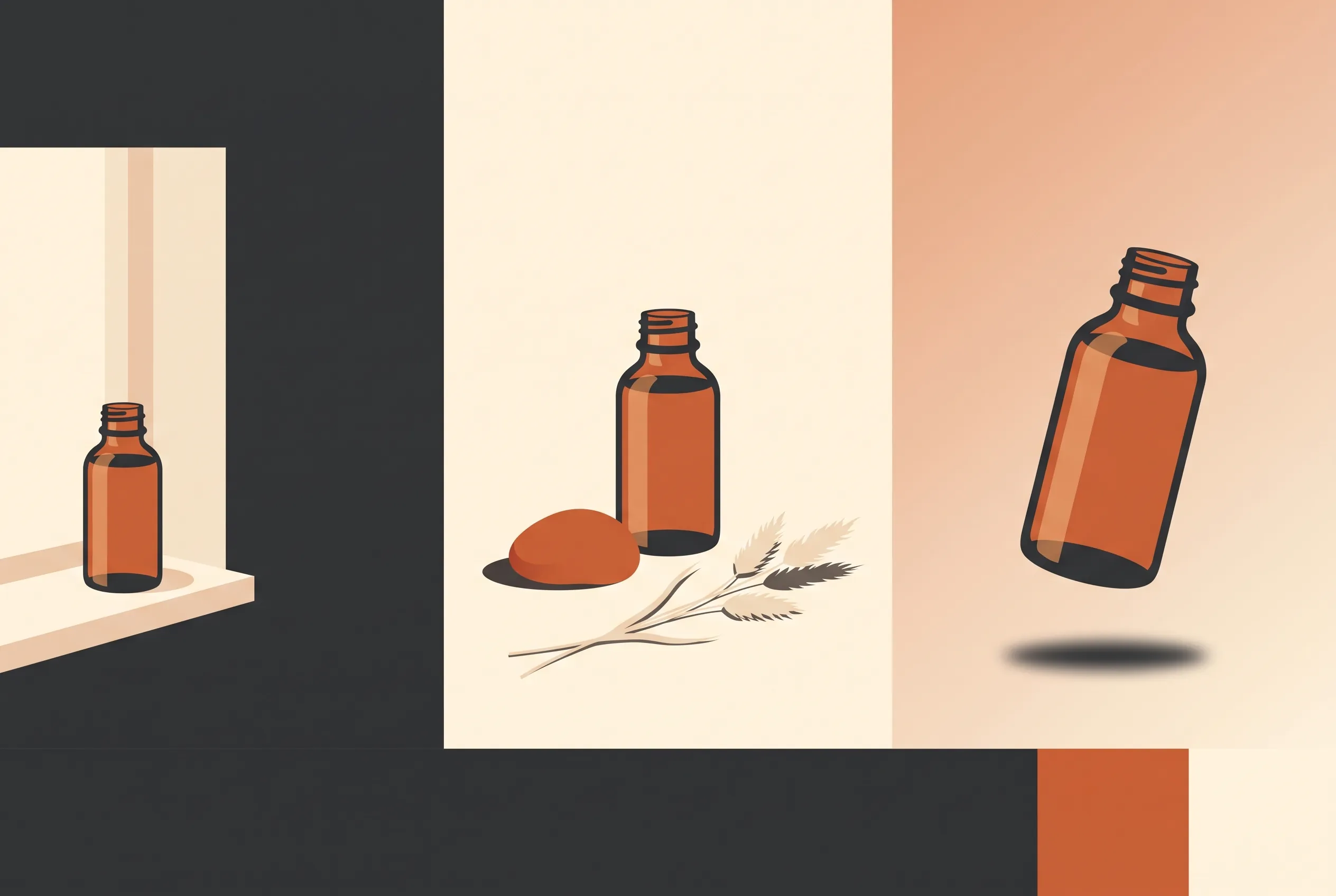 Three panels of the same amber bottle: a plain windowsill snapshot, a styled scene with a stone and dried grass, and a hero shot on a warm gradient