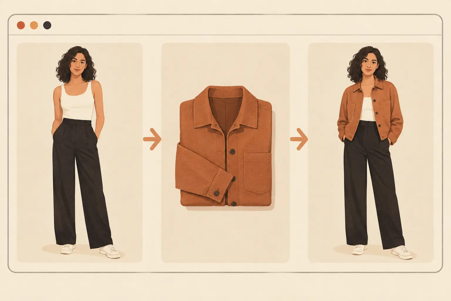 Three cards inside a browser window: a woman's photo, a folded jacket, and the same woman wearing the jacket
