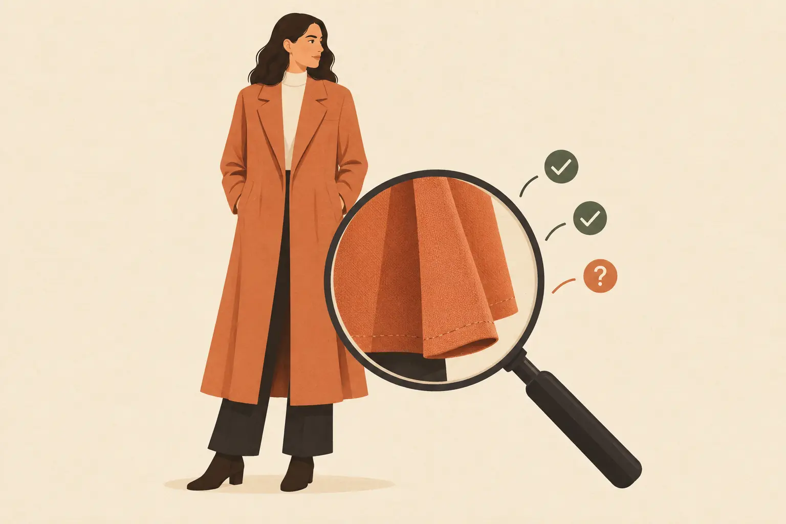 A magnifying glass inspecting the hem and folds of a long terracotta coat, with check marks and a question mark nearby