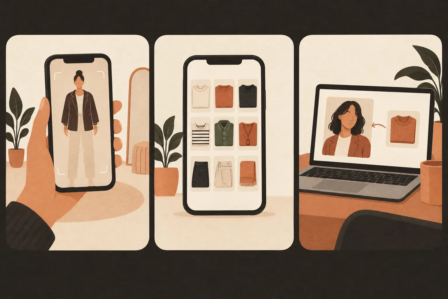 Three panels: a phone overlaying a jacket on a camera view, a phone showing a grid of closet thumbnails, and a laptop combining a portrait with a garment photo