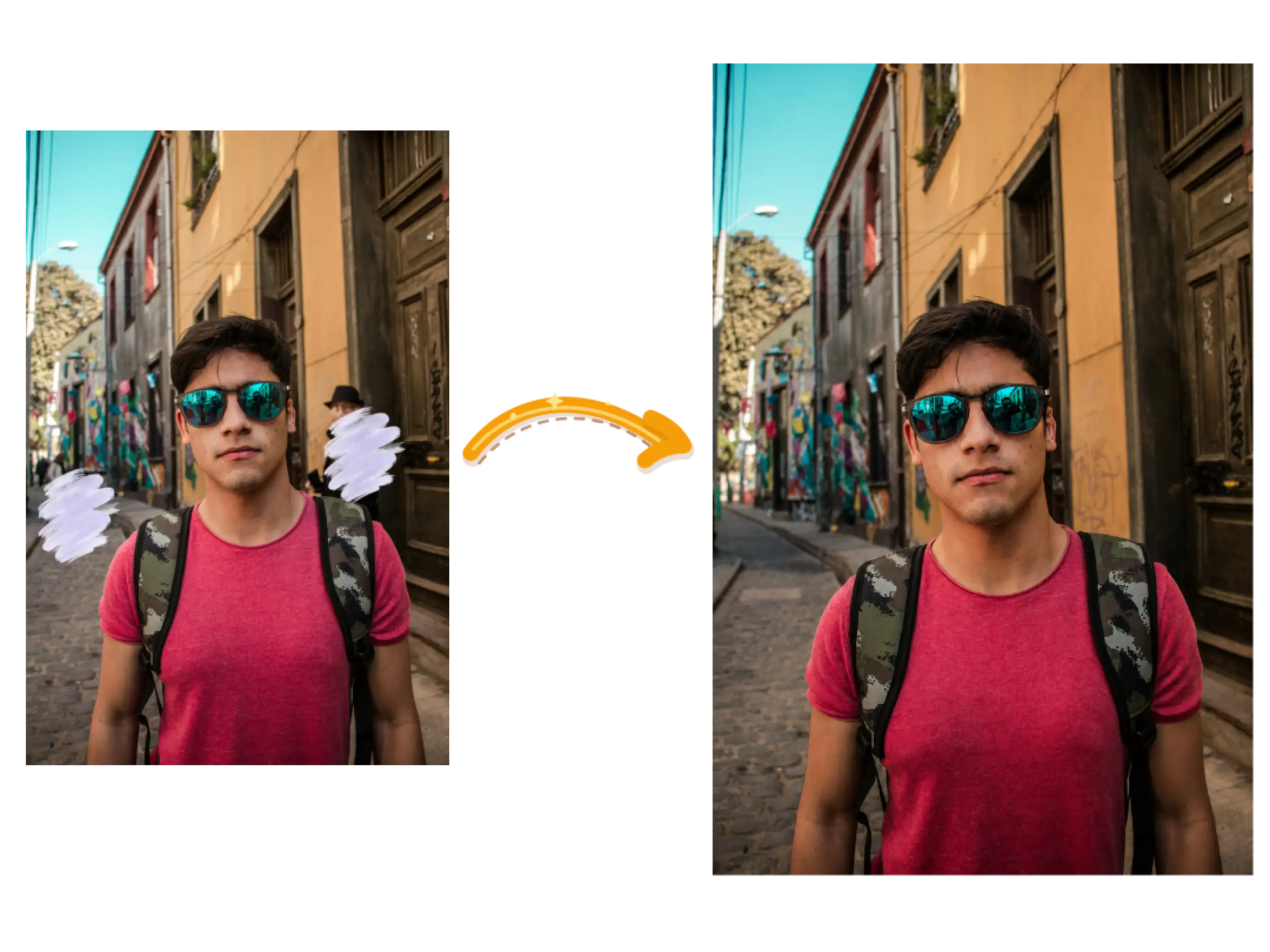 A street portrait before and after background people are removed