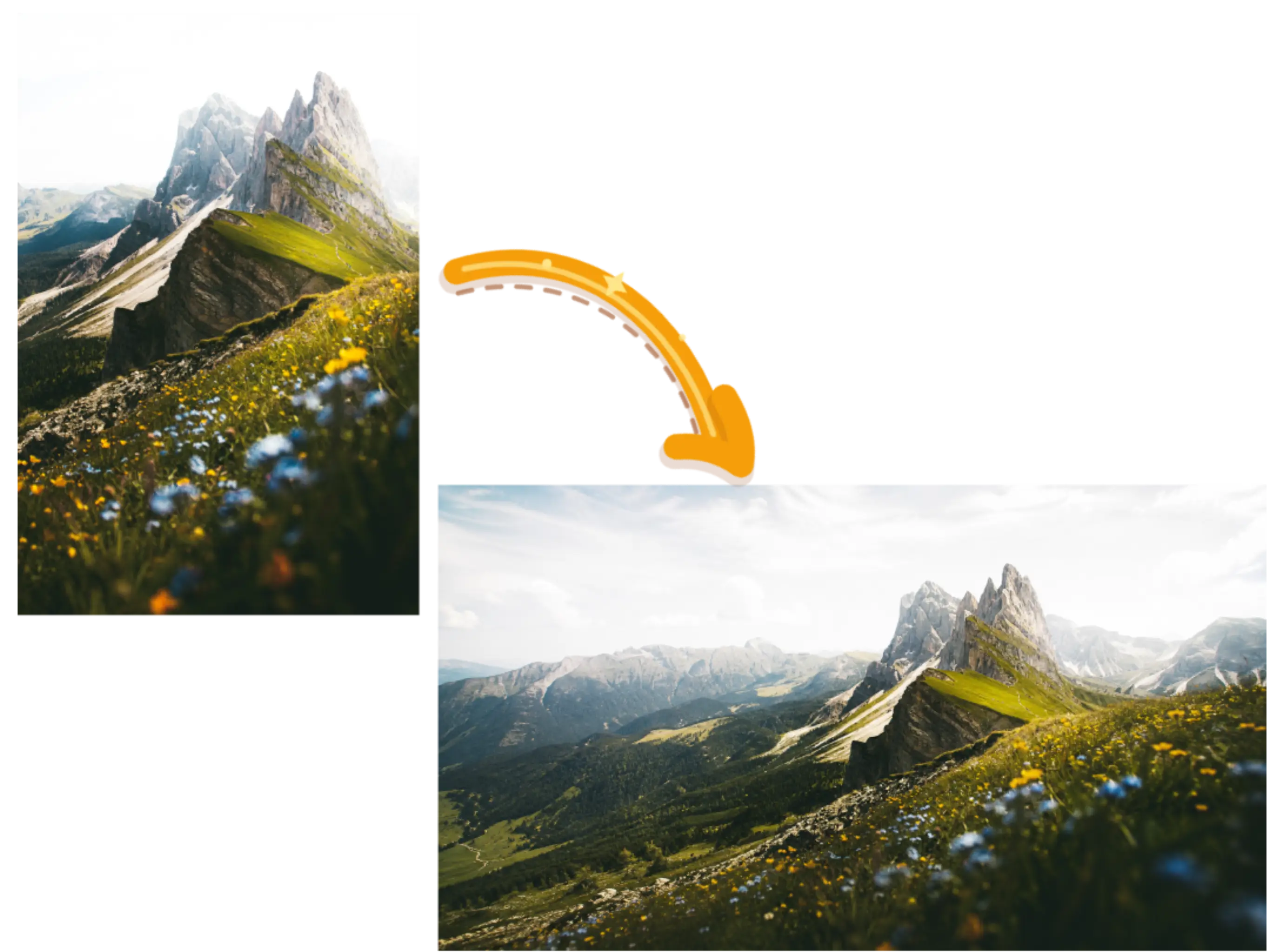 A vertical mountain photo expanded into a wide landscape