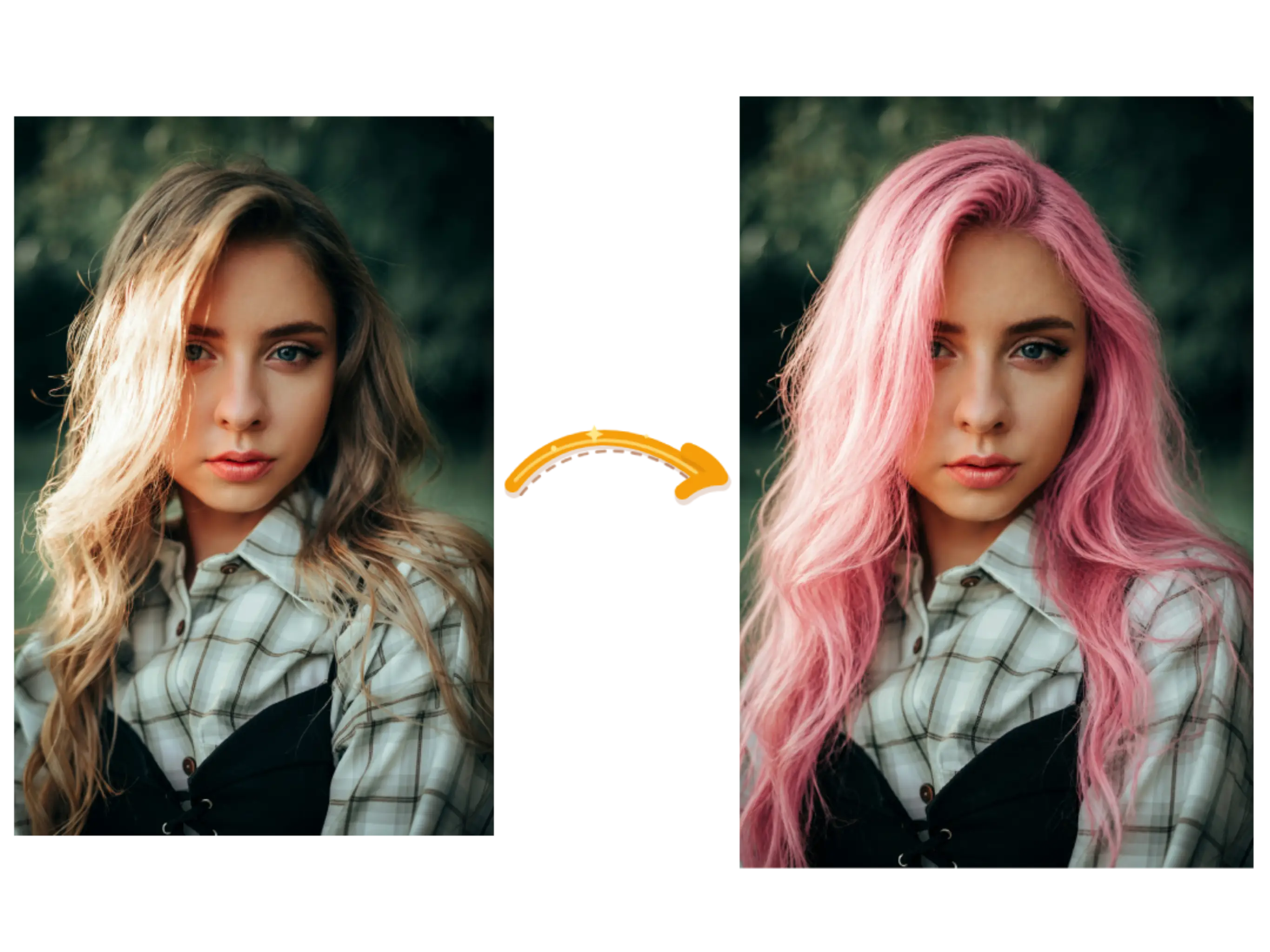 A portrait before and after changing blonde hair to long pink hair