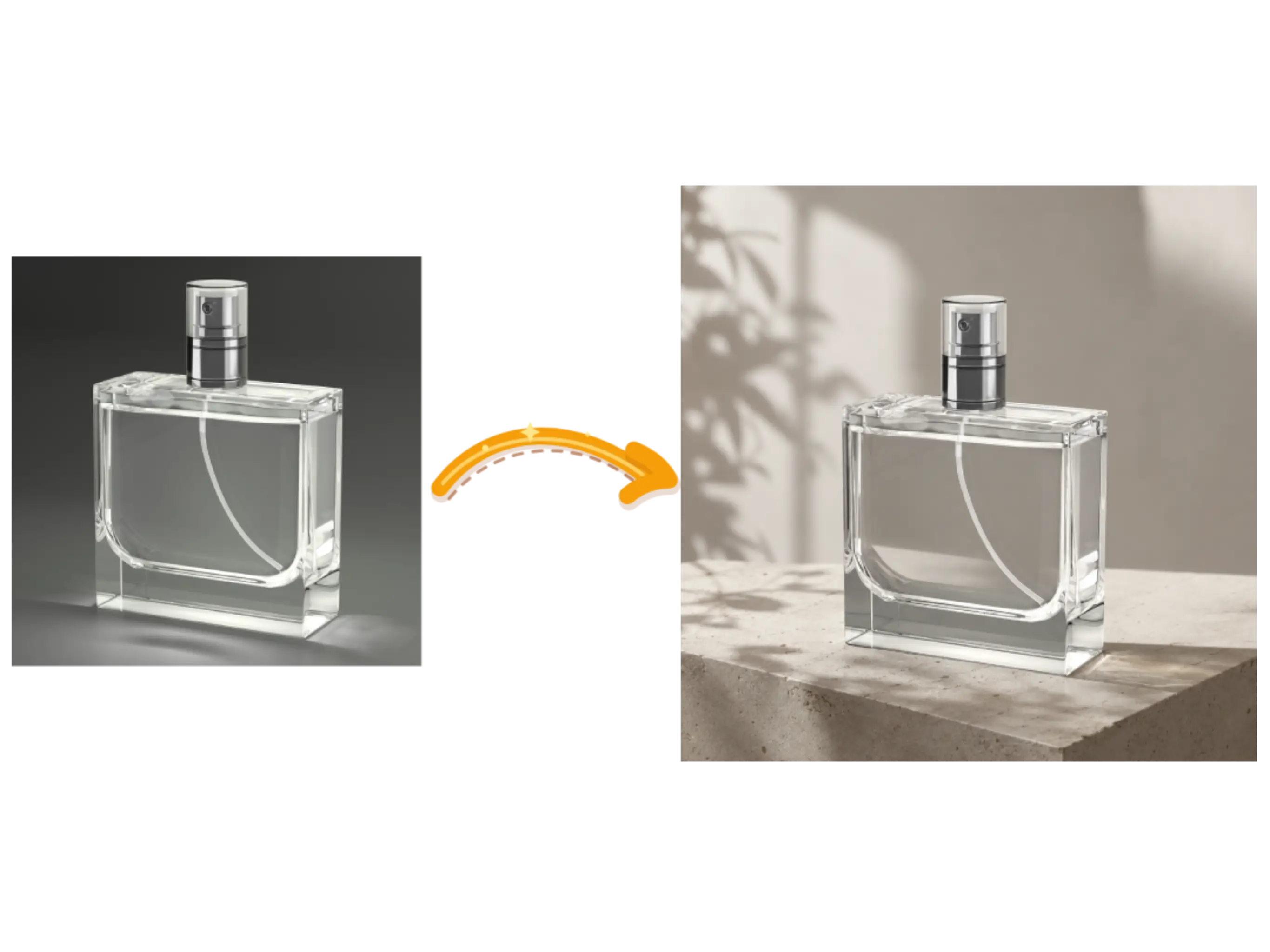 A perfume bottle placed into a bright minimal product scene