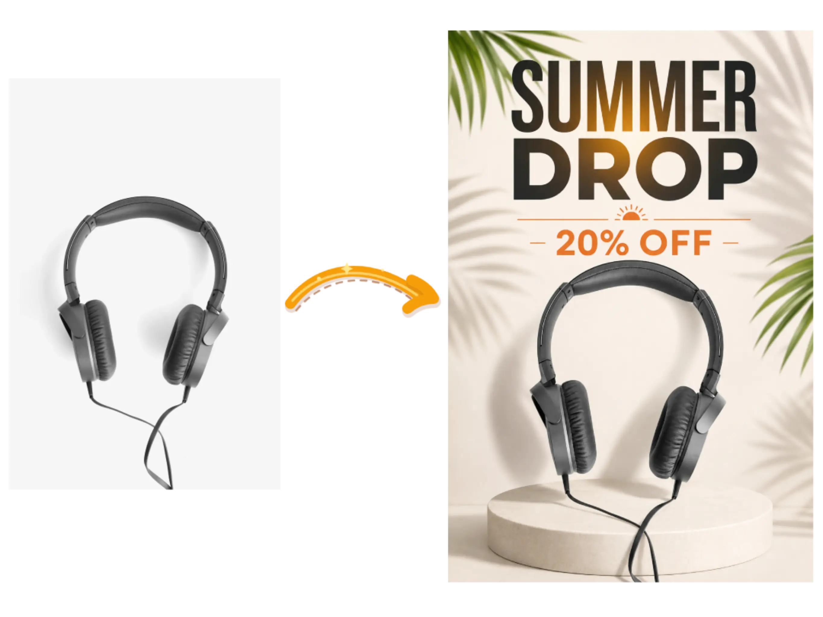 A headphone product photo transformed into a Summer Drop marketing poster