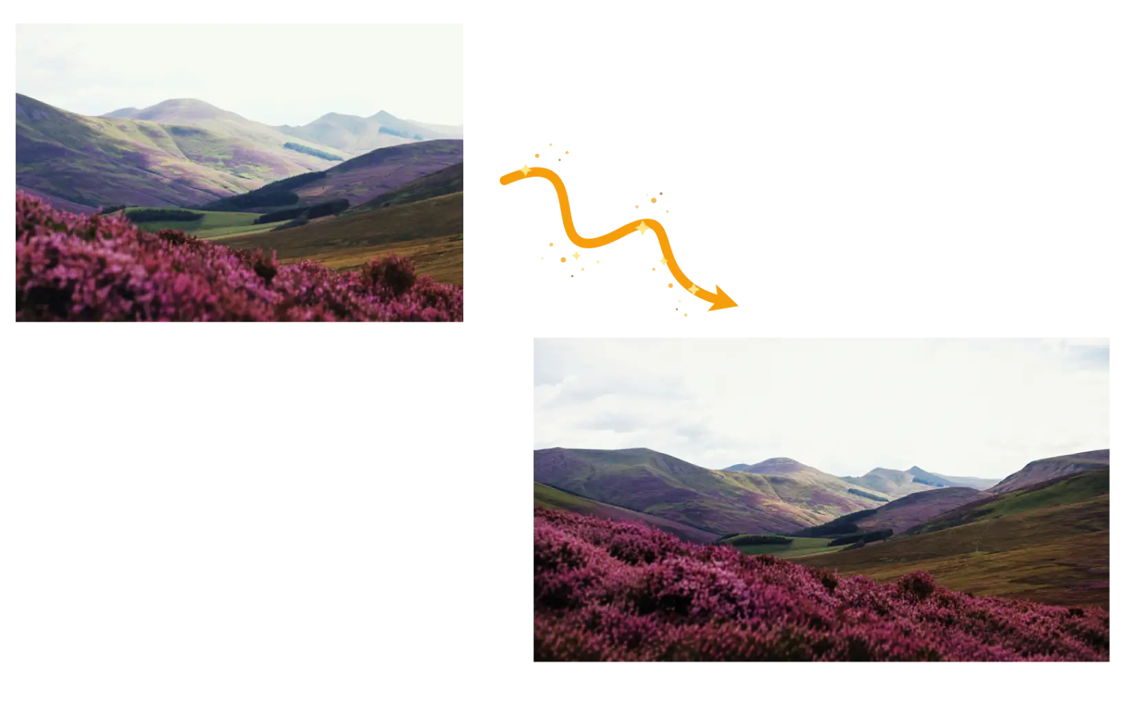 A mountain landscape expanded into a wider composition without cropping the original scene