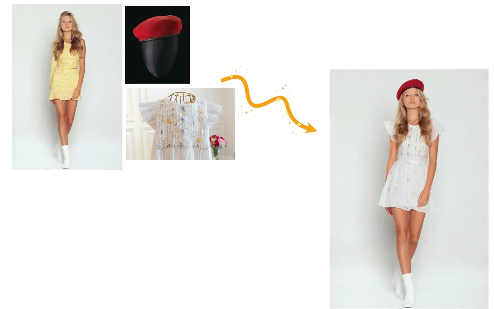 A model, dress, and beret reference combined into one coordinated fashion image
