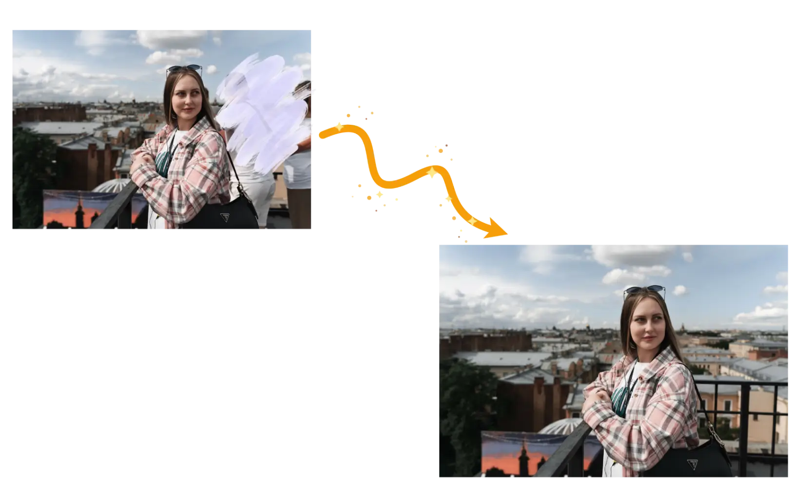 A background person removed from a rooftop portrait while the main subject remains unchanged