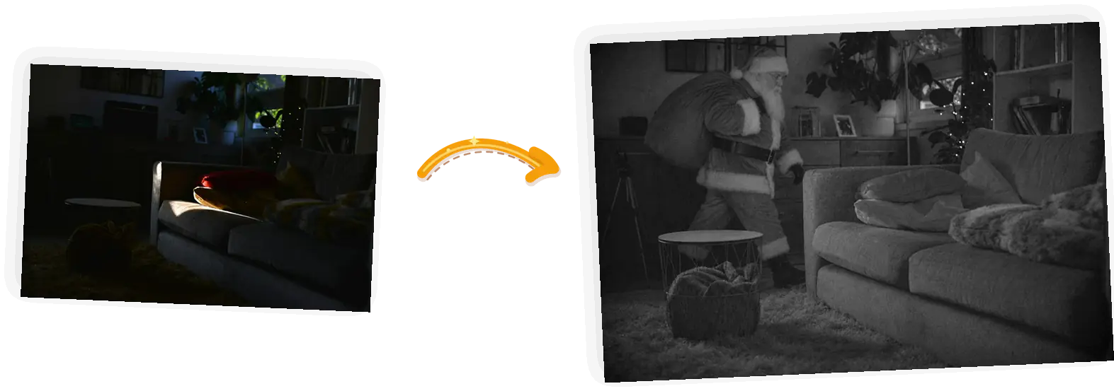 The frame: the same dark living room rendered as grainy night-vision footage, Santa mid-stride with a sack.