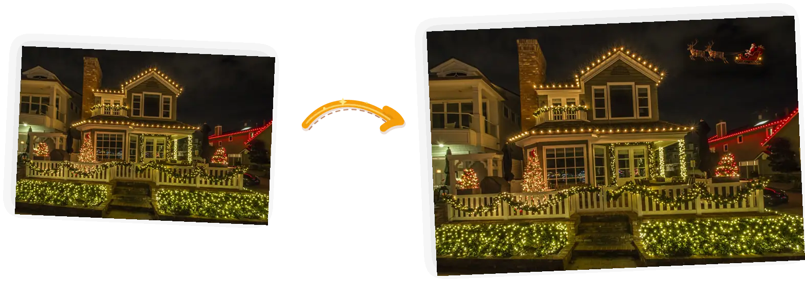 The flyby: a sleigh with reindeer crosses the sky above a lit house.