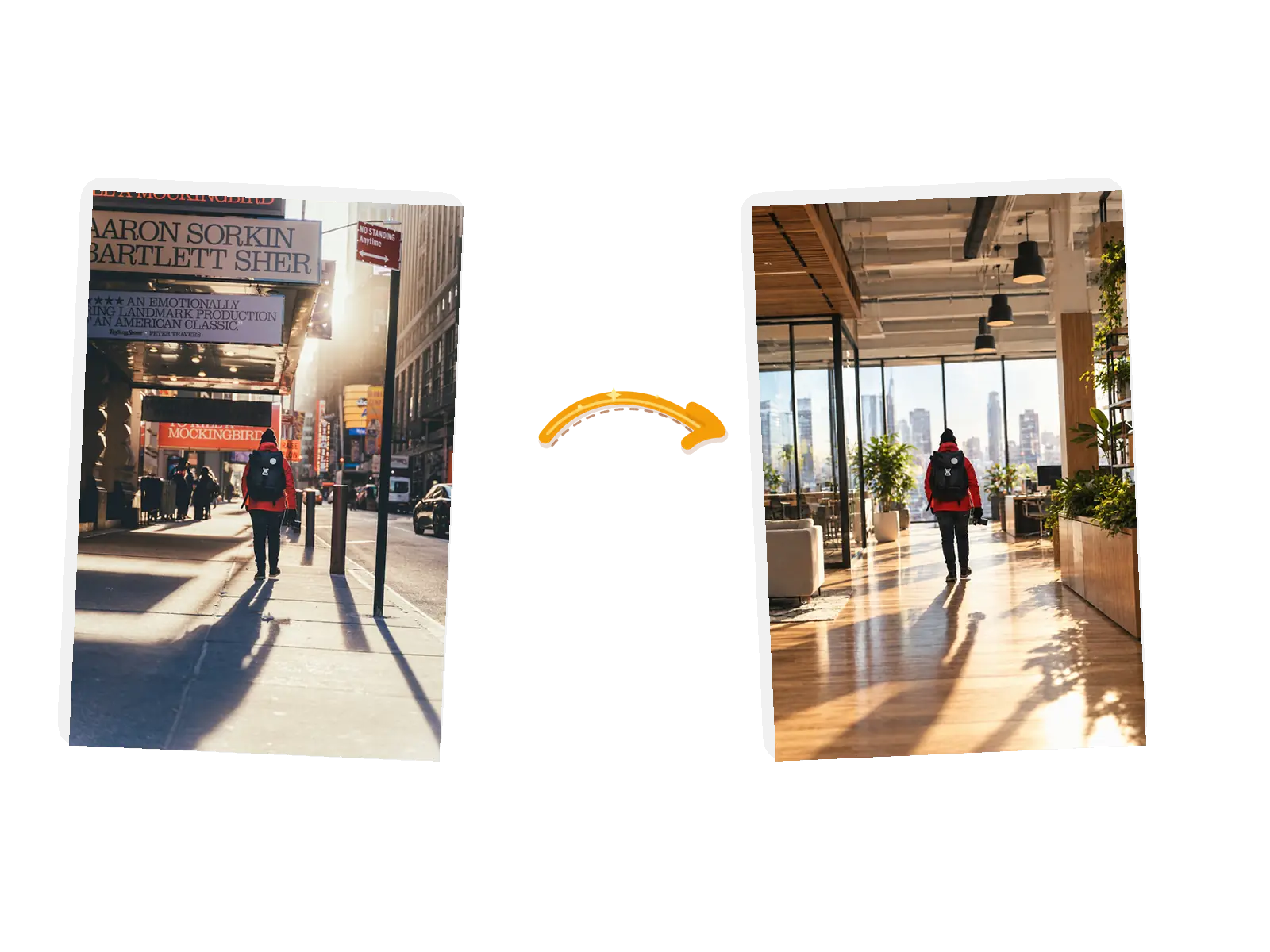 The street edit: the busy sidewalk becomes a bright office interior while the person and the backpack stay