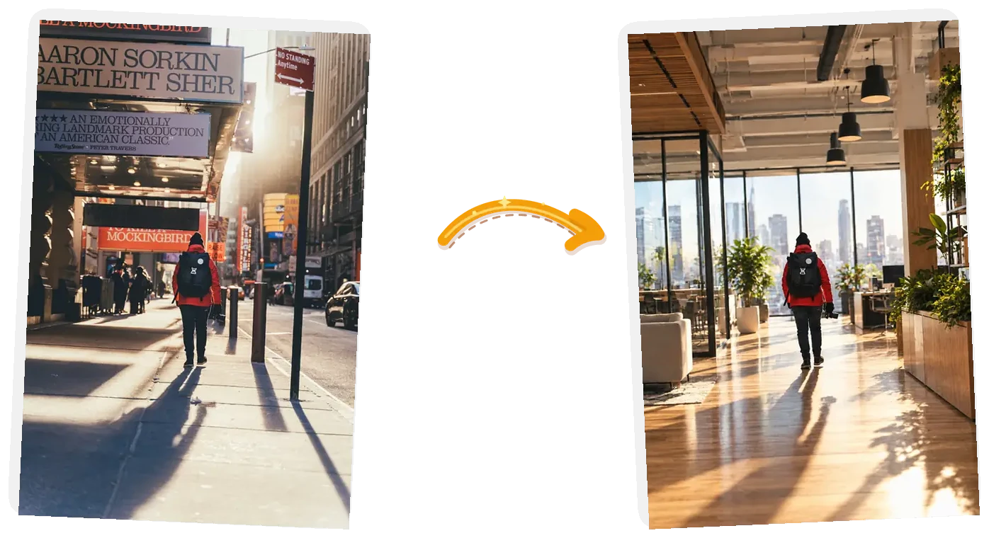 The street edit: the busy sidewalk becomes a bright office interior while the person and the backpack stay