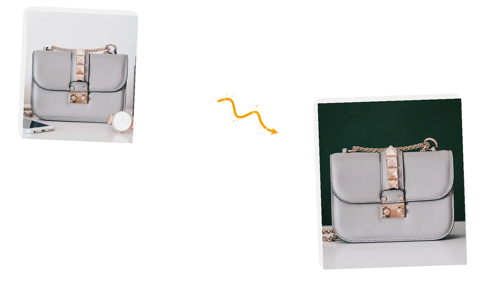 A grey handbag leaves the cluttered table behind for a deep green studio backdrop