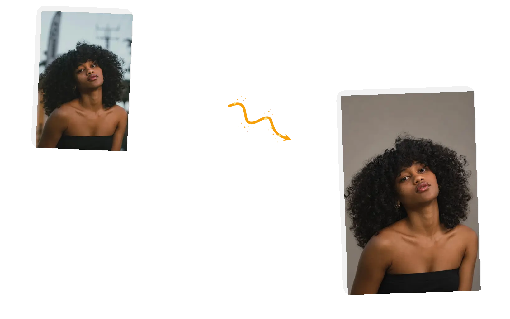 A woman with curly hair keeps every hair edge while the street behind her becomes a warm gray studio backdrop