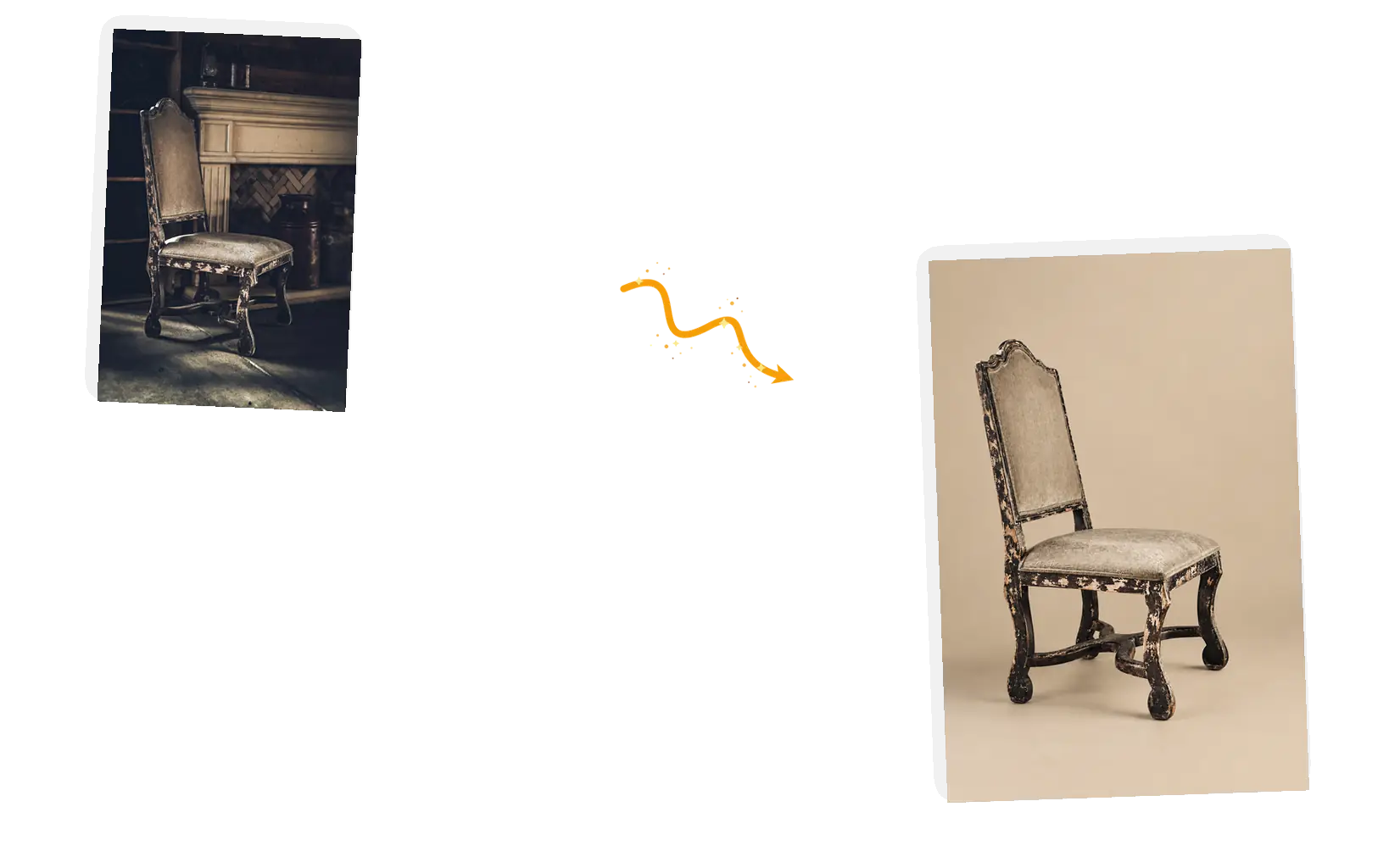 An antique chair from a dark rustic room lands on a light beige studio backdrop