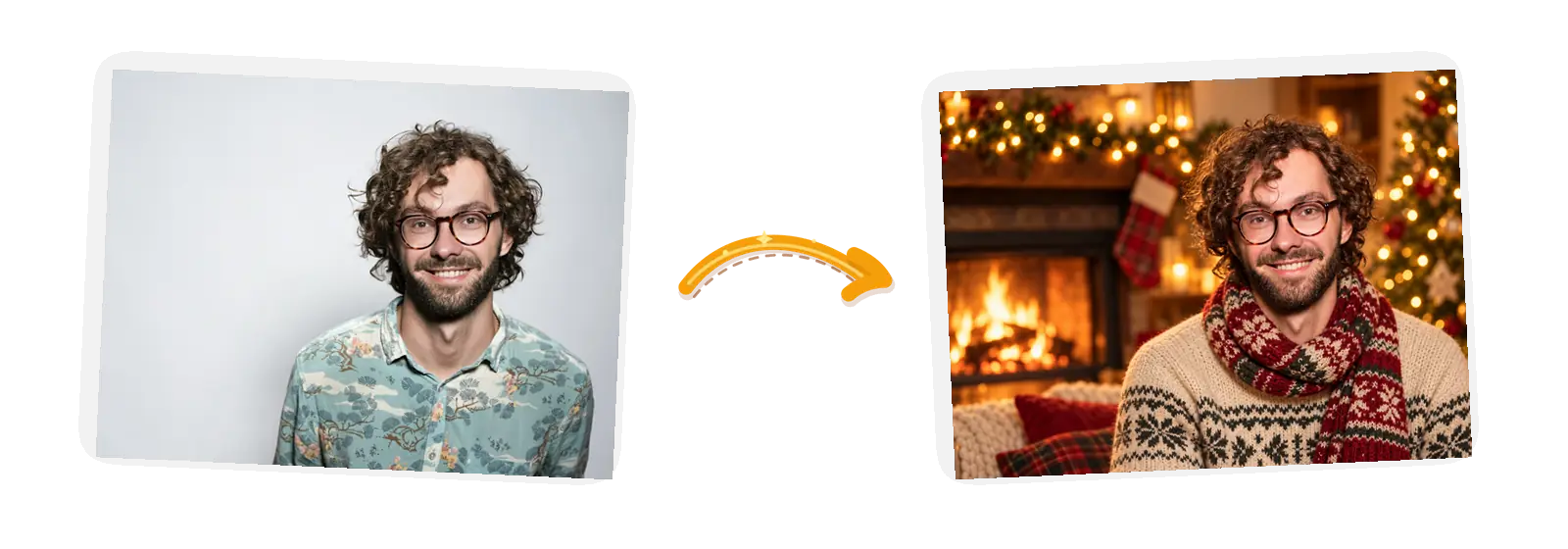 The portrait: the same subject beside a fireplace, fairy lights and soft bokeh behind them.